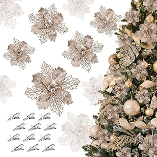 GWHOLE クリスマス 飾り オーナメント 21個入 クリップ付き ポインセチア 造花 クリスマスツリー飾り クリスマスリース 装飾 飾り付け ラメ入り キラキラ 自宅 店舗 玄関 シャンパン