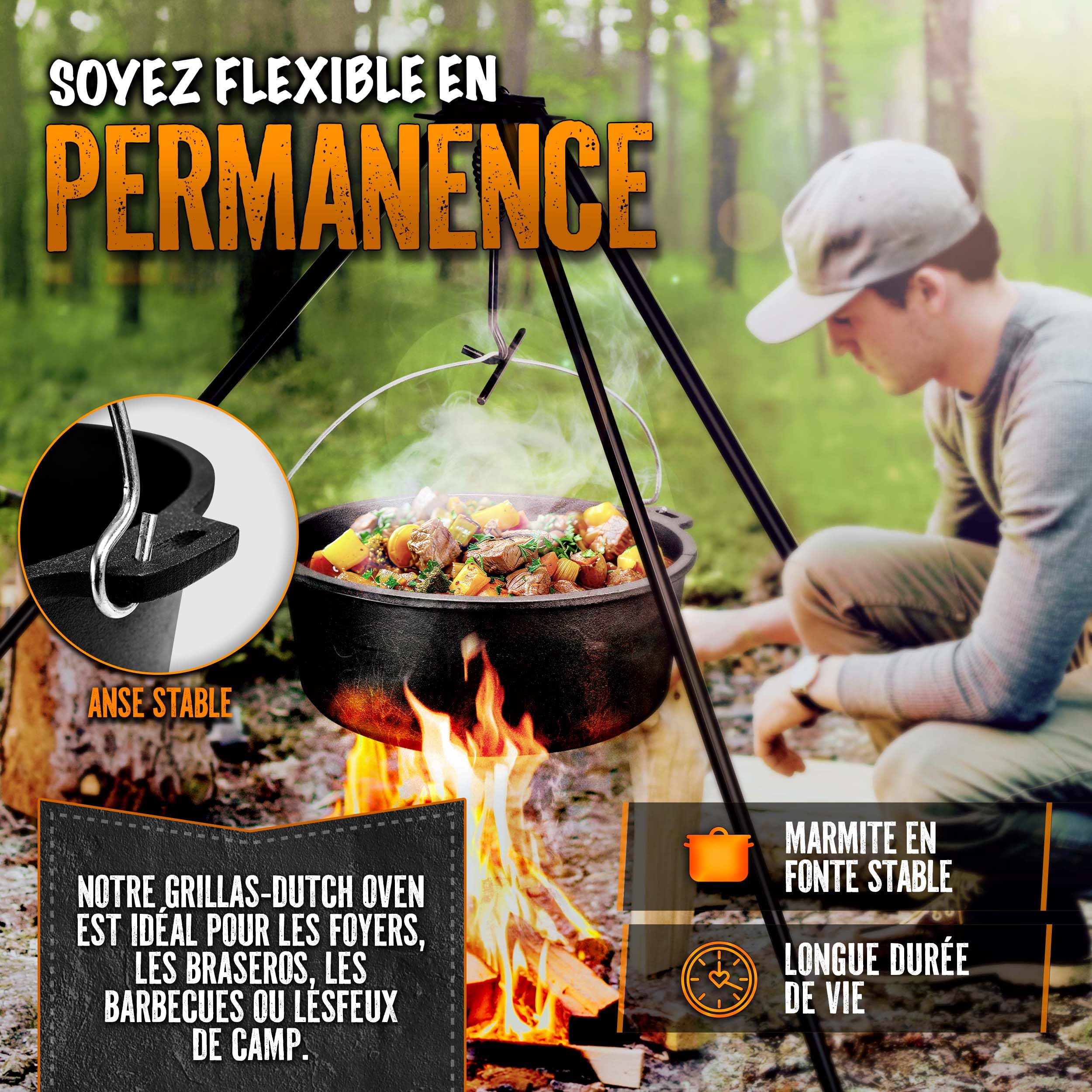 grillas® Dutch Oven Set Premium Série | Pré-assaisonné | Casserole en fonte I Rôtissoire avec soulève-Couvercle