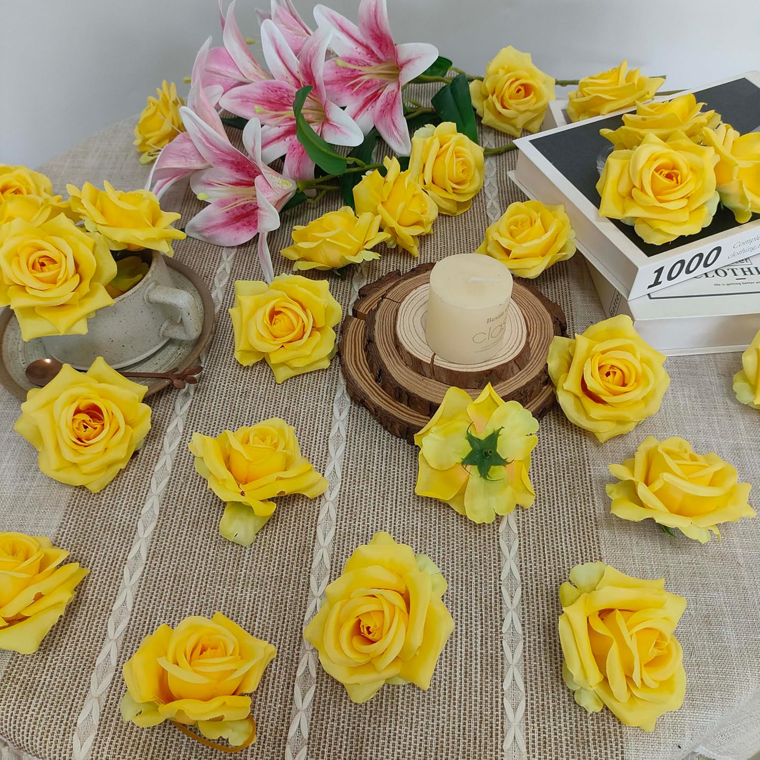 ATFL Artificial Satin Rose Flower Heads,48 Pcs Silk Rose Heads with Stems,3.3'' Rose Artificial Flowers Bulk,Artificial Rose Flower Heads for DIY Crafts Bouquet (48, Yellow)