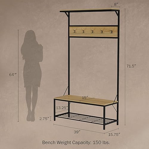 Miniatura 2 de Lavish Home Banco de entrada con muebles de hierro de asiento y madera con perchero de 5 ganchos, estante superior y almacenamiento inferior para