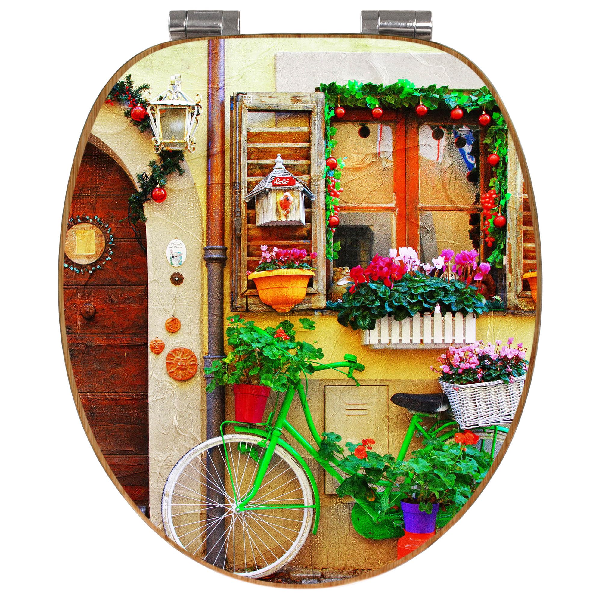 banjado Design WC Sitz Bambus Absenkautomatik 45,8x37,5cm - Toilettendeckel mit Absenkautomatik Holz - hochwertiger Bambus Klodeckel - WC-Sitz für gängigen Toiletten - Motiv Grünes Fahrrad