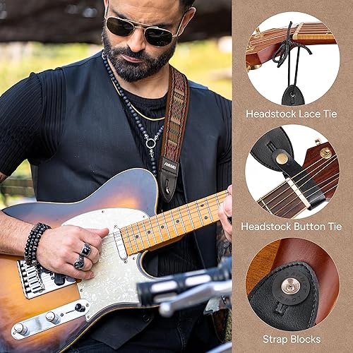 Miniatura 6 de Amumu Correa de guitarra  Patrón retro inspirado en tribales de 2 pulgadas, tejido de poliéster con extremos de cuero de microfibra, para acústico,