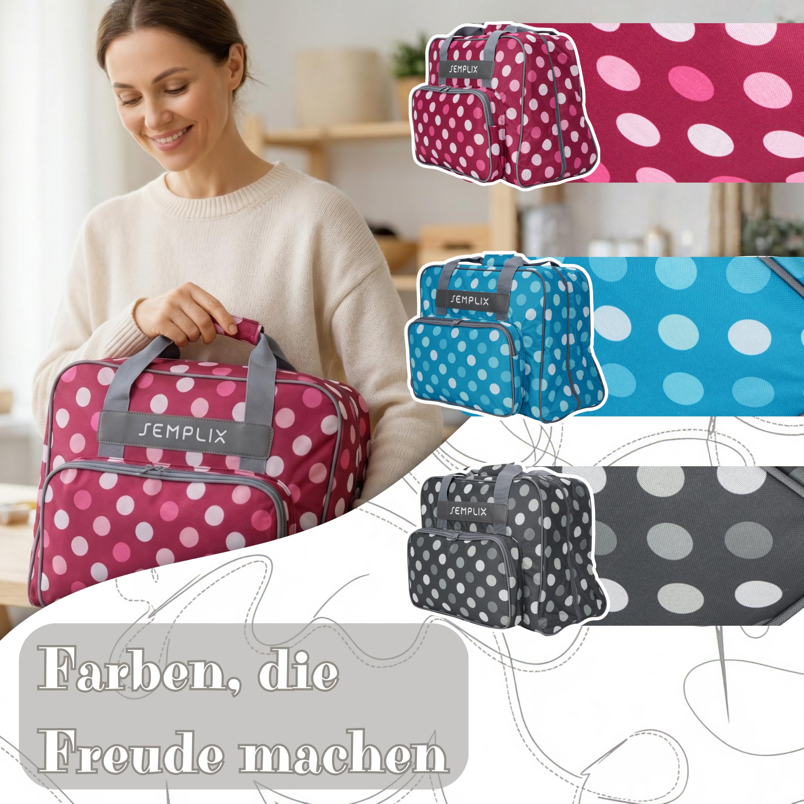 SEMPLIX XL-Nähmaschinentasche, Polka Dots Petrol/Türkis, 52x42x27 cm, Große stabile Transport und Aufbewahrungs Tasche für große Nähmaschinenmodelle