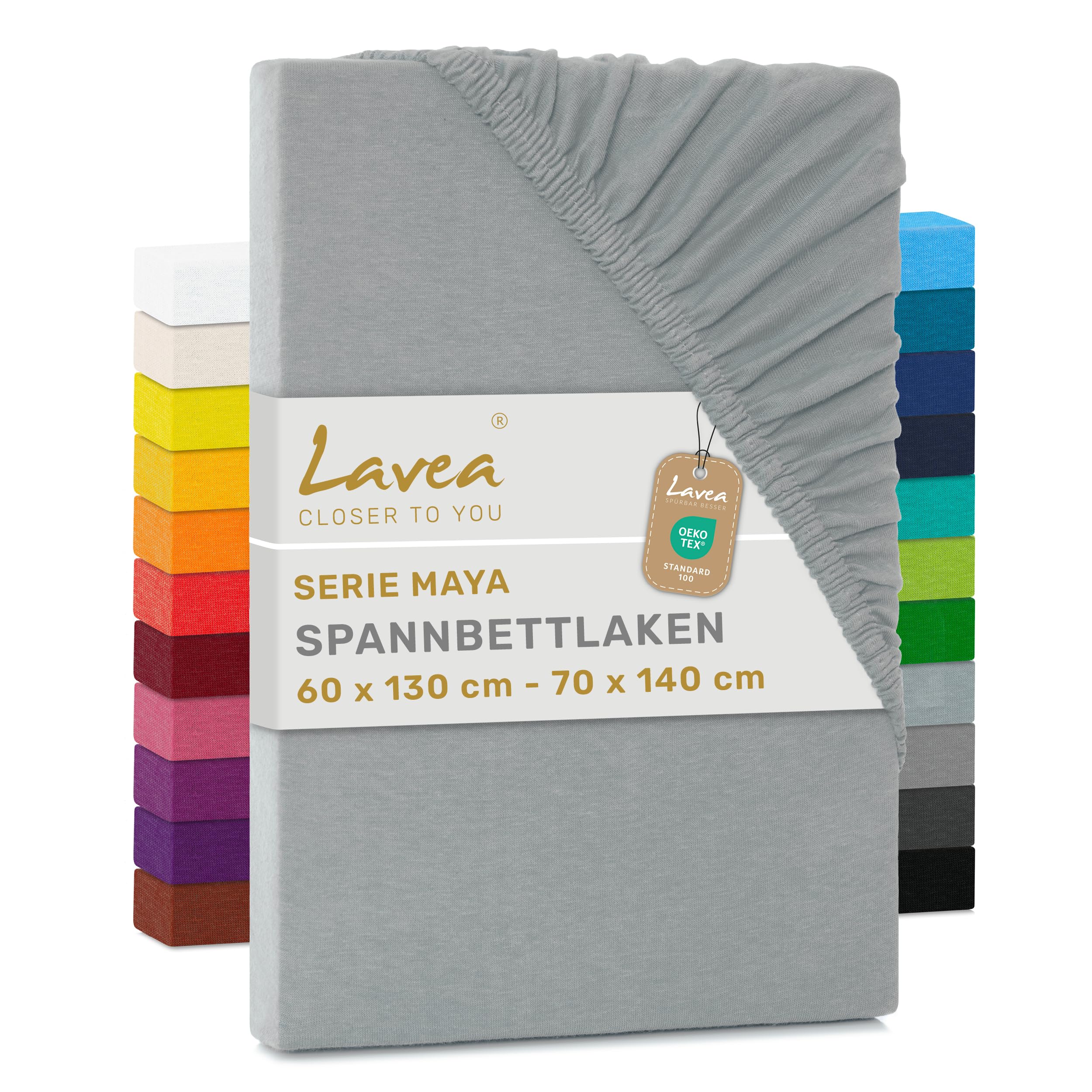 Lavea® Spannbettlaken 60x130cm - 70x140cm Maya Jersey, Bettlaken aus 100% Baumwolle, mit Rundumgummi für Matratzen bis 12 cm, atmungsaktiv, pflegeleicht, formstabil, Spannbetttücher, Silber