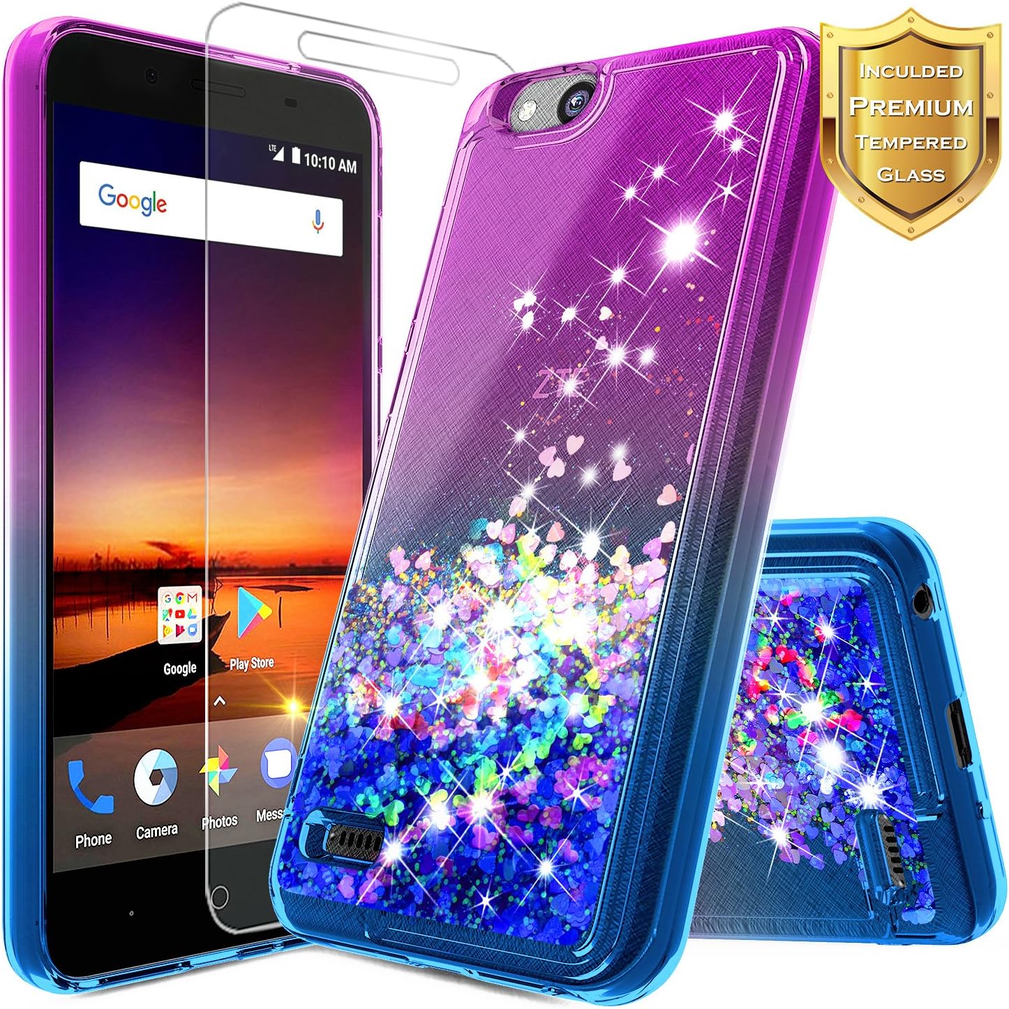 ZTE Glitter Liquid Quicksand Case Compatible ZTE Blade Vantage/Fanfare 3 /Avid 4 /Tempo X/AVID (557)/ZFive G/ZFive C LTE (Z557BL,Z558VL)/Tempo GO w/[Tempered Glass Screen Protector]-Purple/Blue