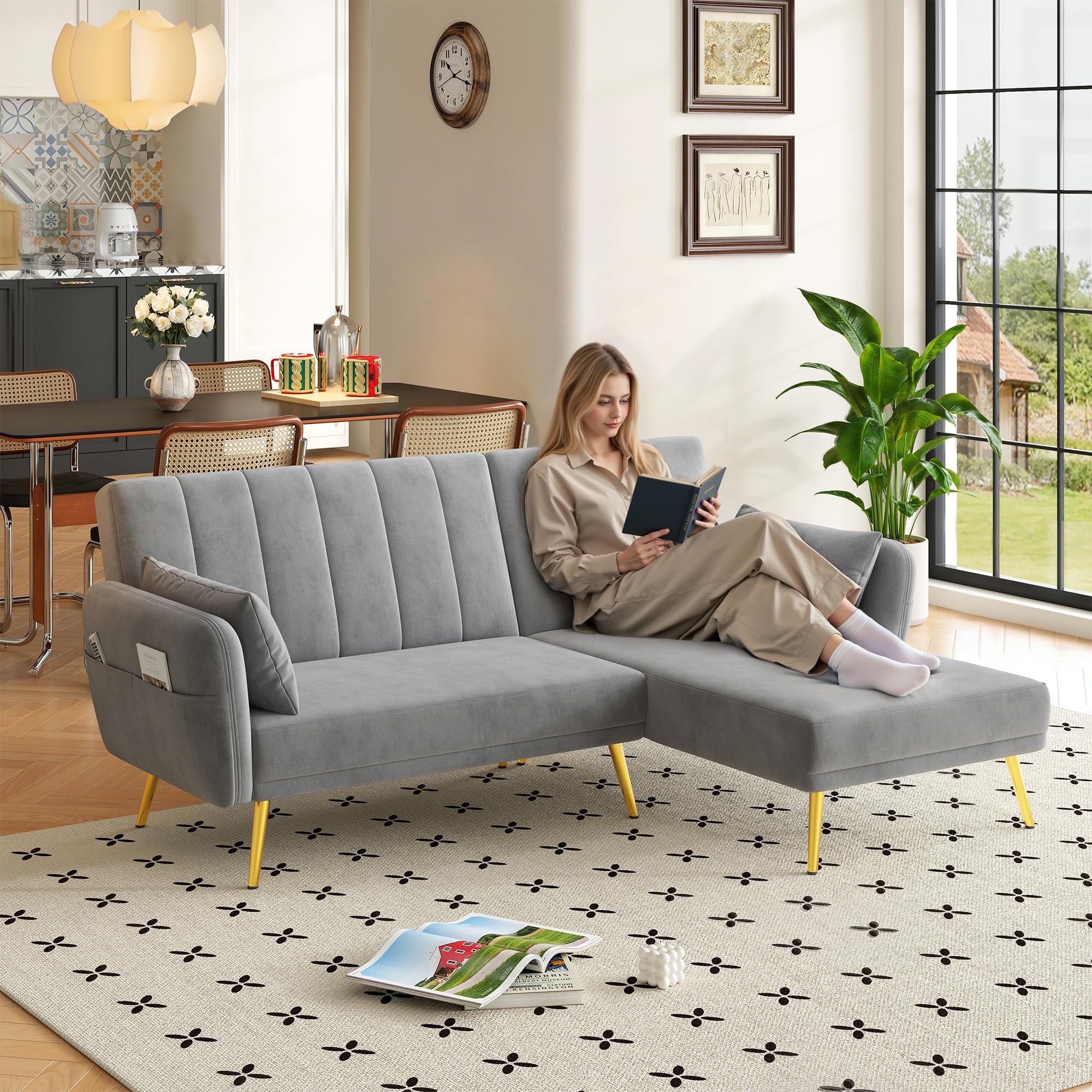Sofá cama plegable en L SUKY gris con esquina adicional para salón