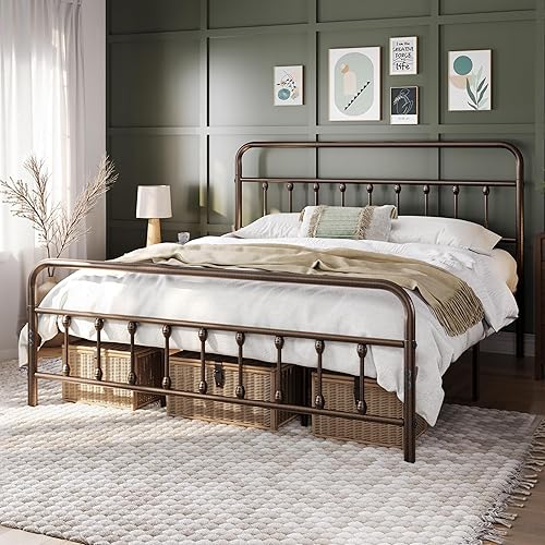 Miniatura 12 de YAHEETECH - Marco de cama de metal clásico con estructura de hierro y estilo victoriano, cabecero y pie, espacio debajo de la cama, no necesita base