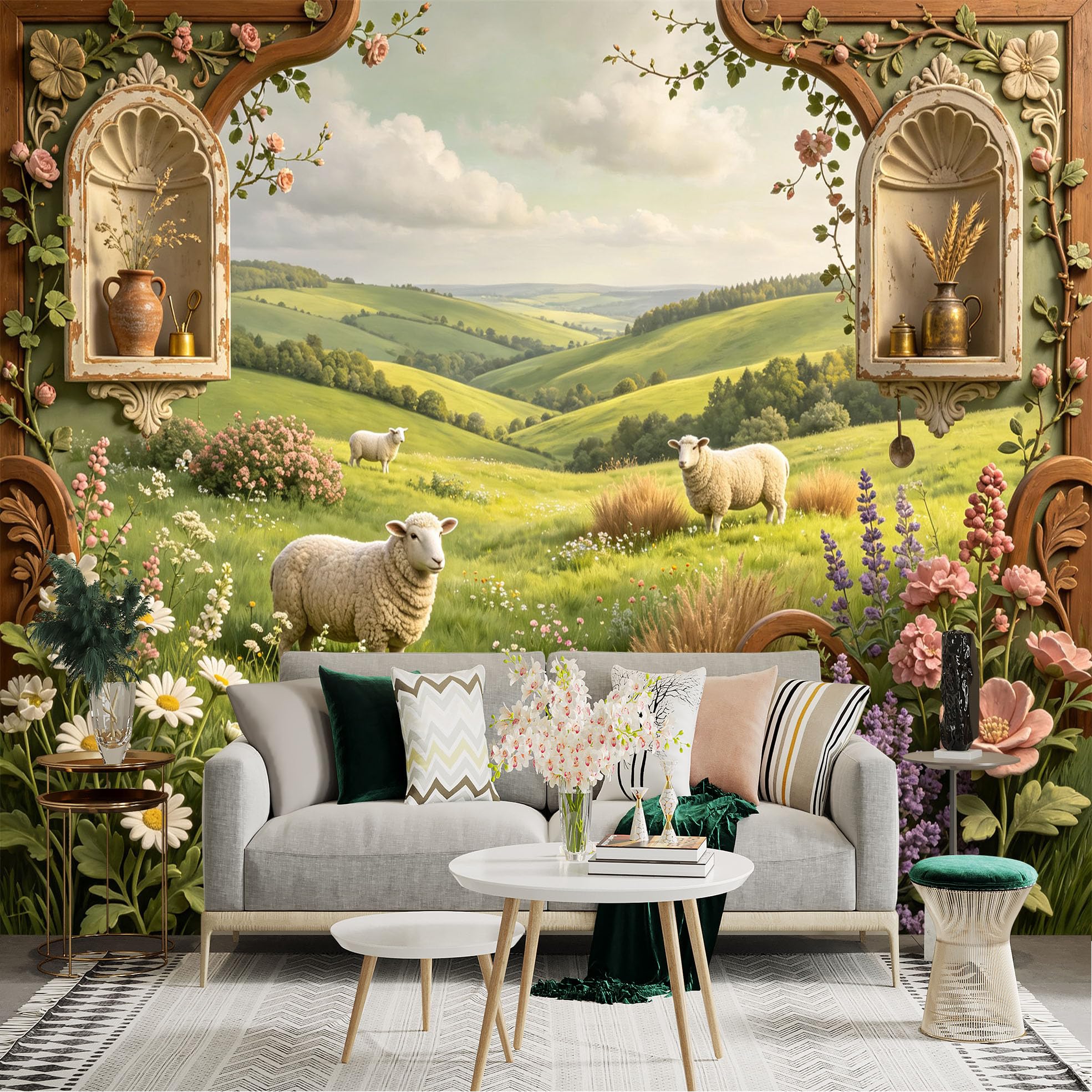 Lnzczhyre Bh260719043 Custom Size Wall Sticker Mural， Sheep In Pastoral Meadow， Rolling Green Hills， Flowers And Vintage Archway， For Wall Decoration， Peelandstick Wall Decals.