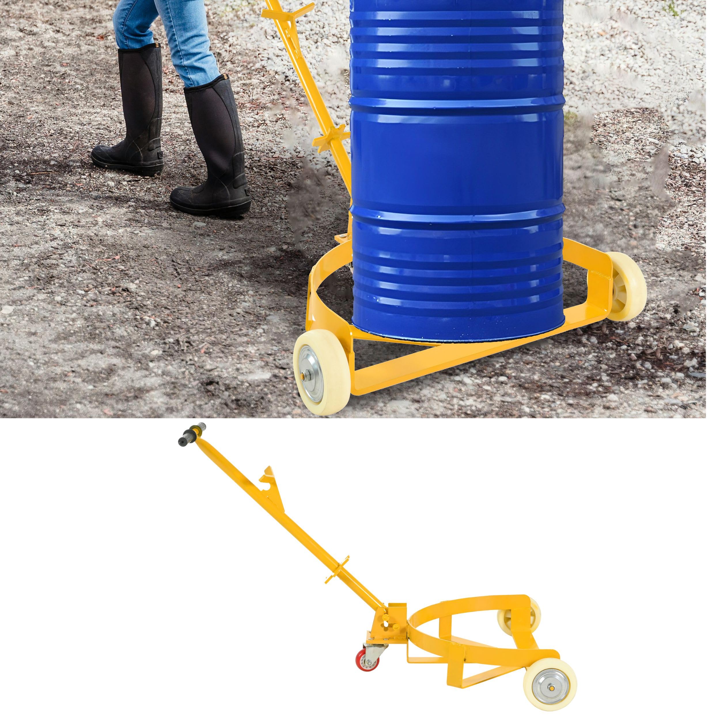 Carrello per fusti da 55 galloni, capacità 1200 libbre, Carrello per fusti di Olio in Acciaio a Basso Profilo con 2 Ruote fisse in PU e 1 Ruota Girevole, Rullo per fusti Resistente Adatto PE