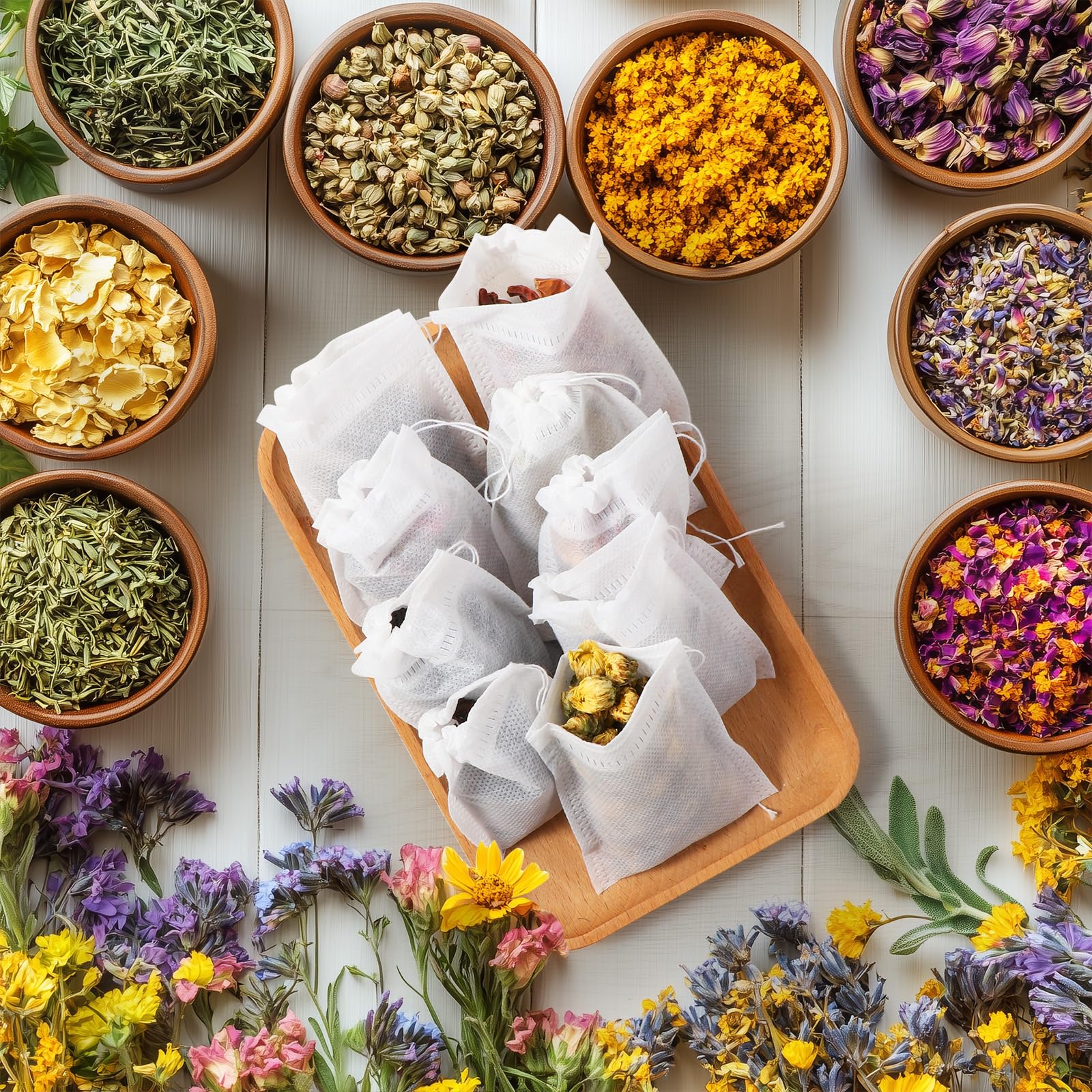 Diboniur 400 Piezas Bolsas de Te Vacias de Tela No Tejida, Colador Te Desechable con Cordón, Infusor de Te para La Bodega, Café, El Mercado de las Flores, Hierbas, Épicas, Lavanda (7 x 9 cm)