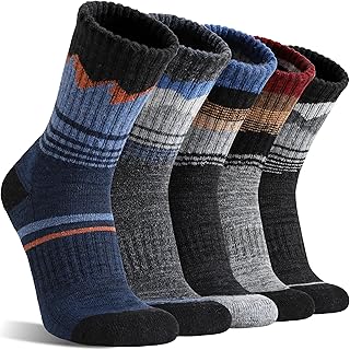 Merino Wool Hiking Warm Socks Thermal Winter Cozy Crew Socks with Cushioned Sole & Moisture Wicking 5 Pairs for Men