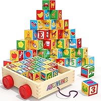 Atoylink ABC Wooden Building Blocks for Toddlers 1-3: 30pcs Alphabet Number Stacking Toys with Pull Storage Car, Montessori Educational Gifts