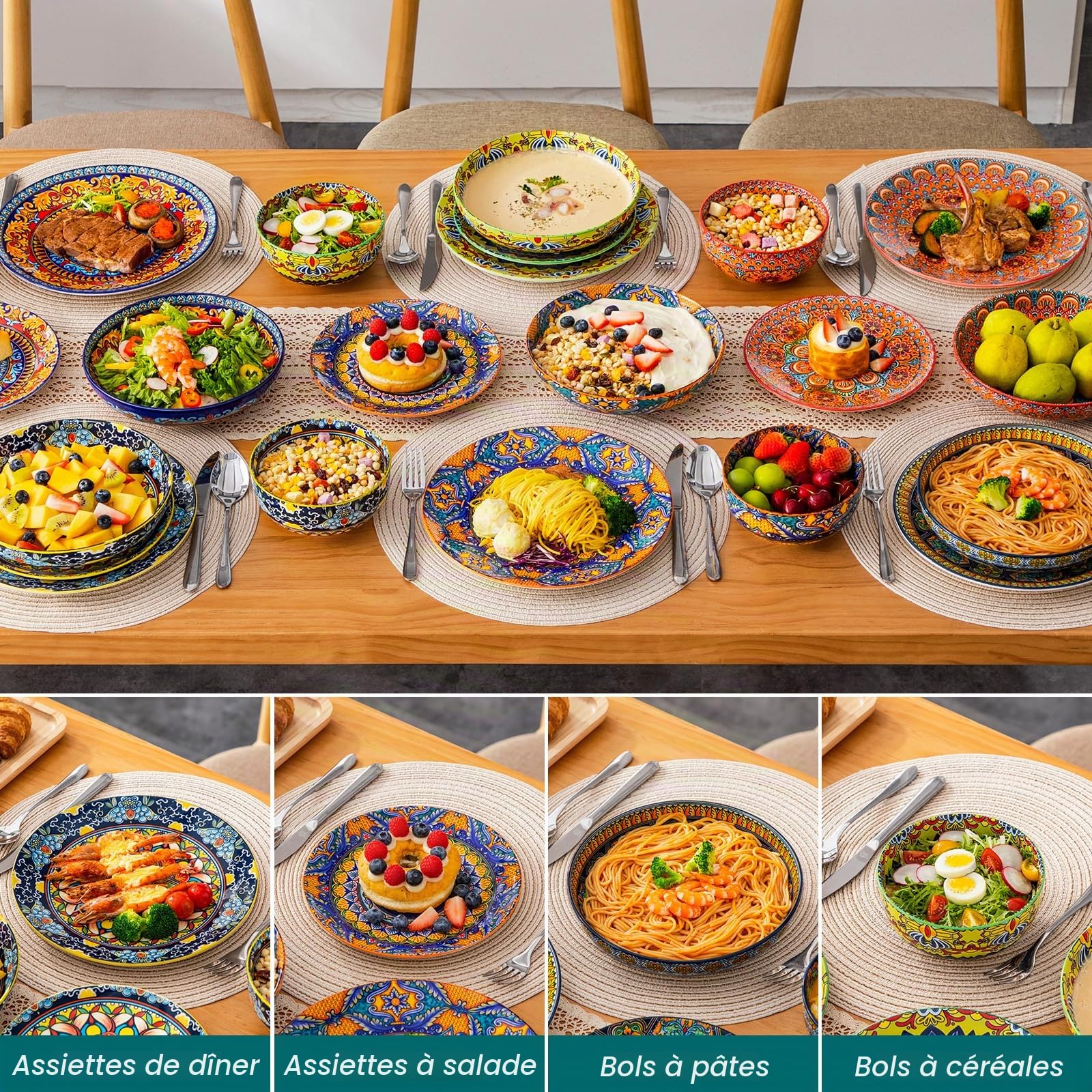 Service de Vaisselle 6 Personnes en Céramique, vancasso KRVI 24 Pièces Porcelaine Moderne, Service de Table Style Bohémien, Ensemble Assiettes et Bols, Service Combiné Coloré