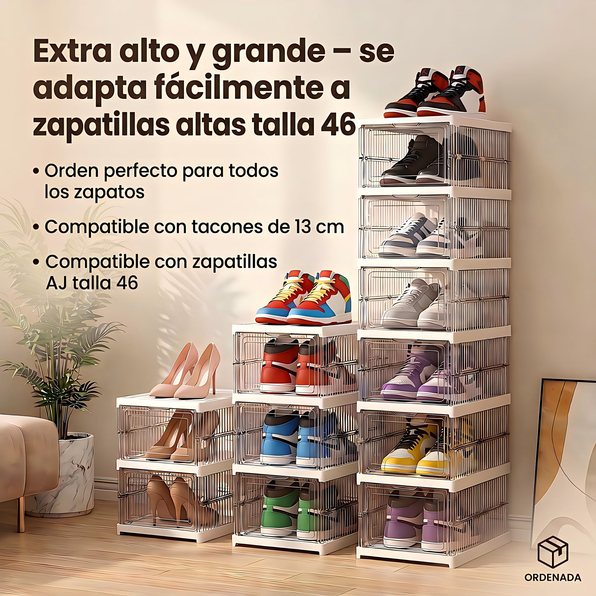 Zapatero apilable, 24 niveles, transparente, plegable, plástico grueso, para zapatillas hasta la talla 46, ahorro de espacio, montaje de 1 minuto, color blanco