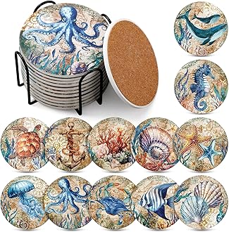 Hushee 12 Pcs Ceramic Drink Coasters with 1 Holder Holiday Cup Coasters with Cork Backing for Home Table Protection Wine Cups Coffee Bar Party Gifts(Beach Theme)