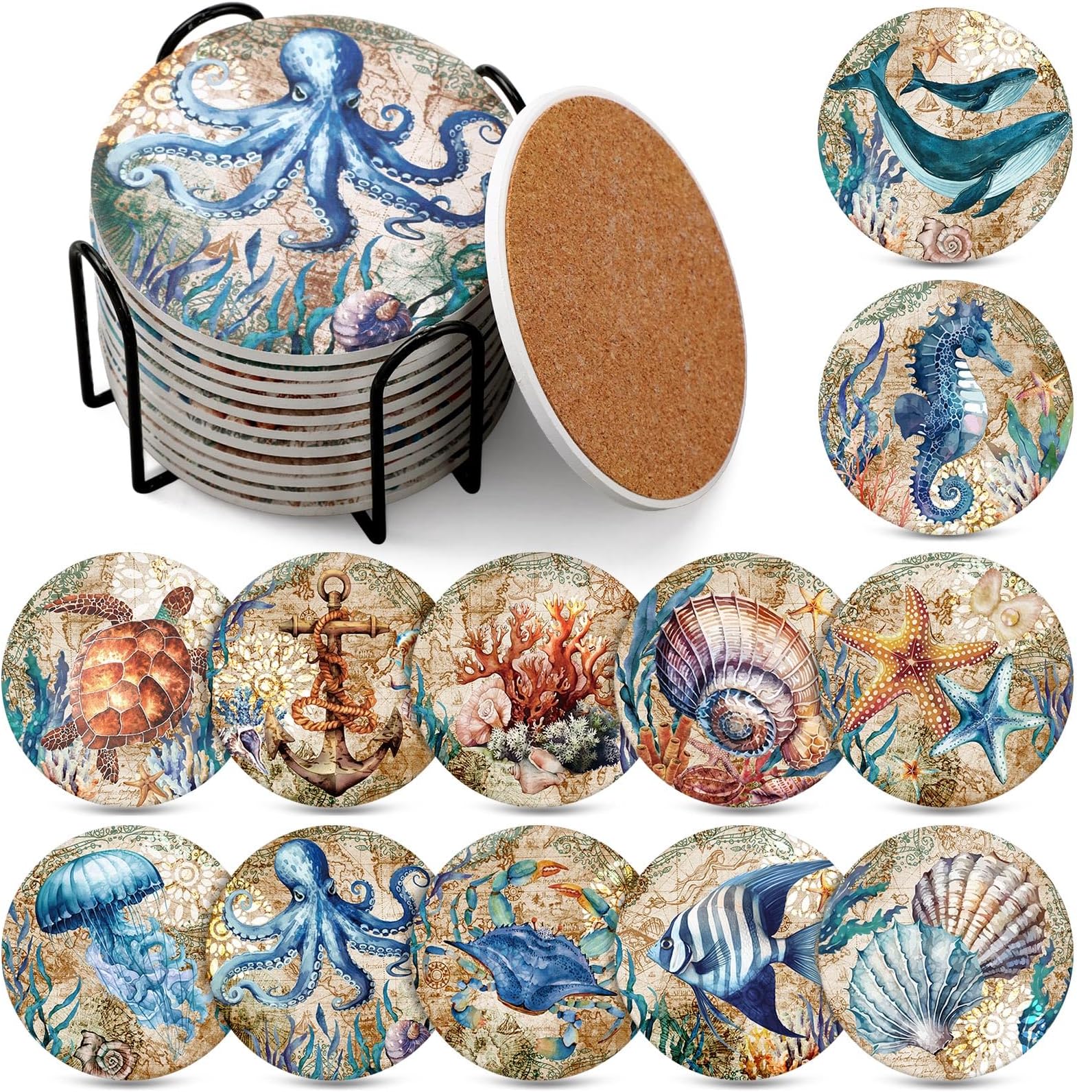 Hushee 12 Pcs Ceramic Drink Coasters with 1 Holder Holiday Cup Coasters with Cork Backing for Home Table Protection Wine Cups Coffee Bar Party Gifts(Beach Theme)
