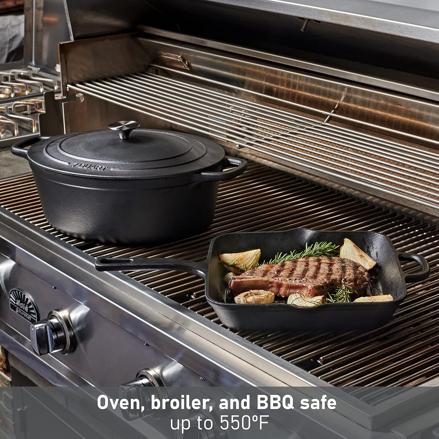 MasterPRO cast iron grill pan with steak and onions inside an oven, safe for oven, broiler, and BBQ use.