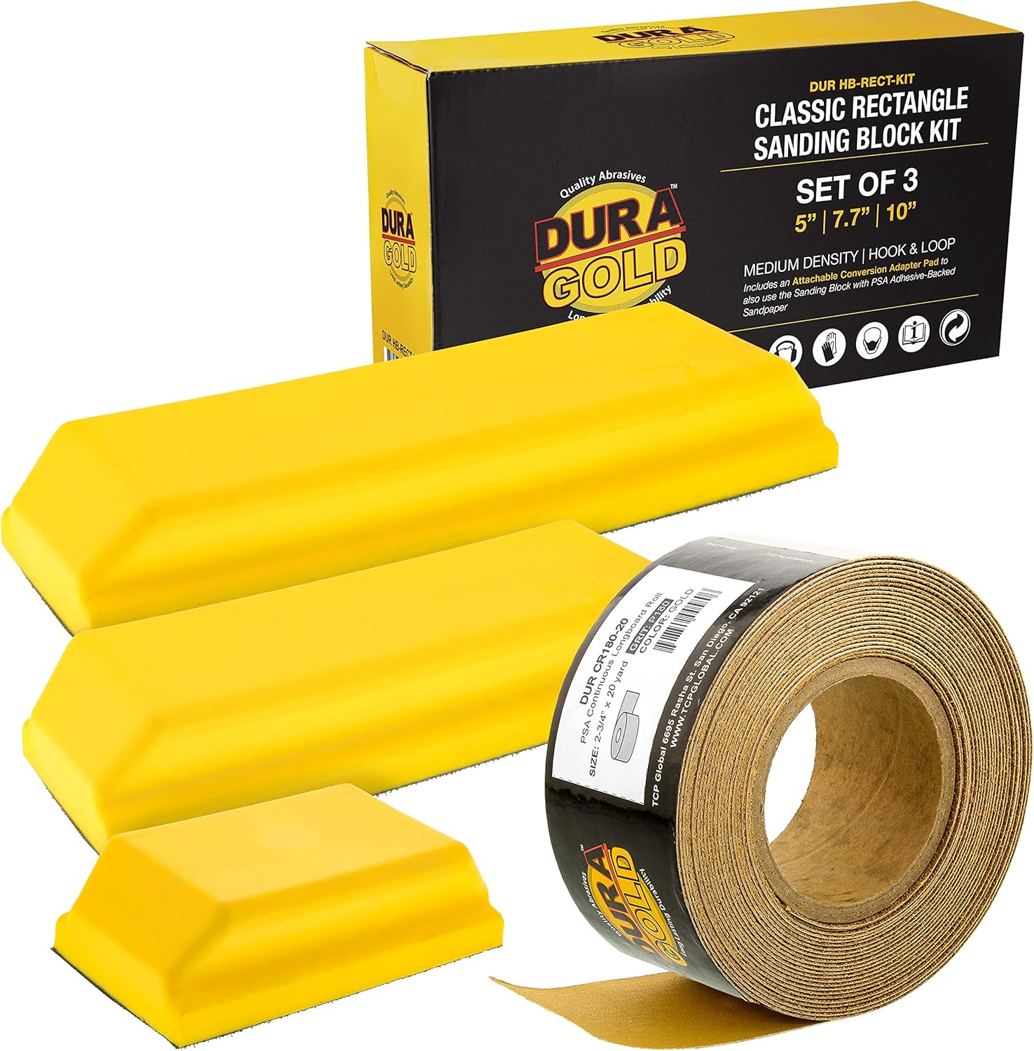 Dura-Gold Pro Series Rectangle Hand Sanding Block Kit with 3 Blocks, 5", 7-3/4" and 10" Set, Hook & Loop Backing and PSA Adapter Pad & 180 Grit PSA Longboard Sandpaper 20 Yard Roll, 2-3/4" Wide