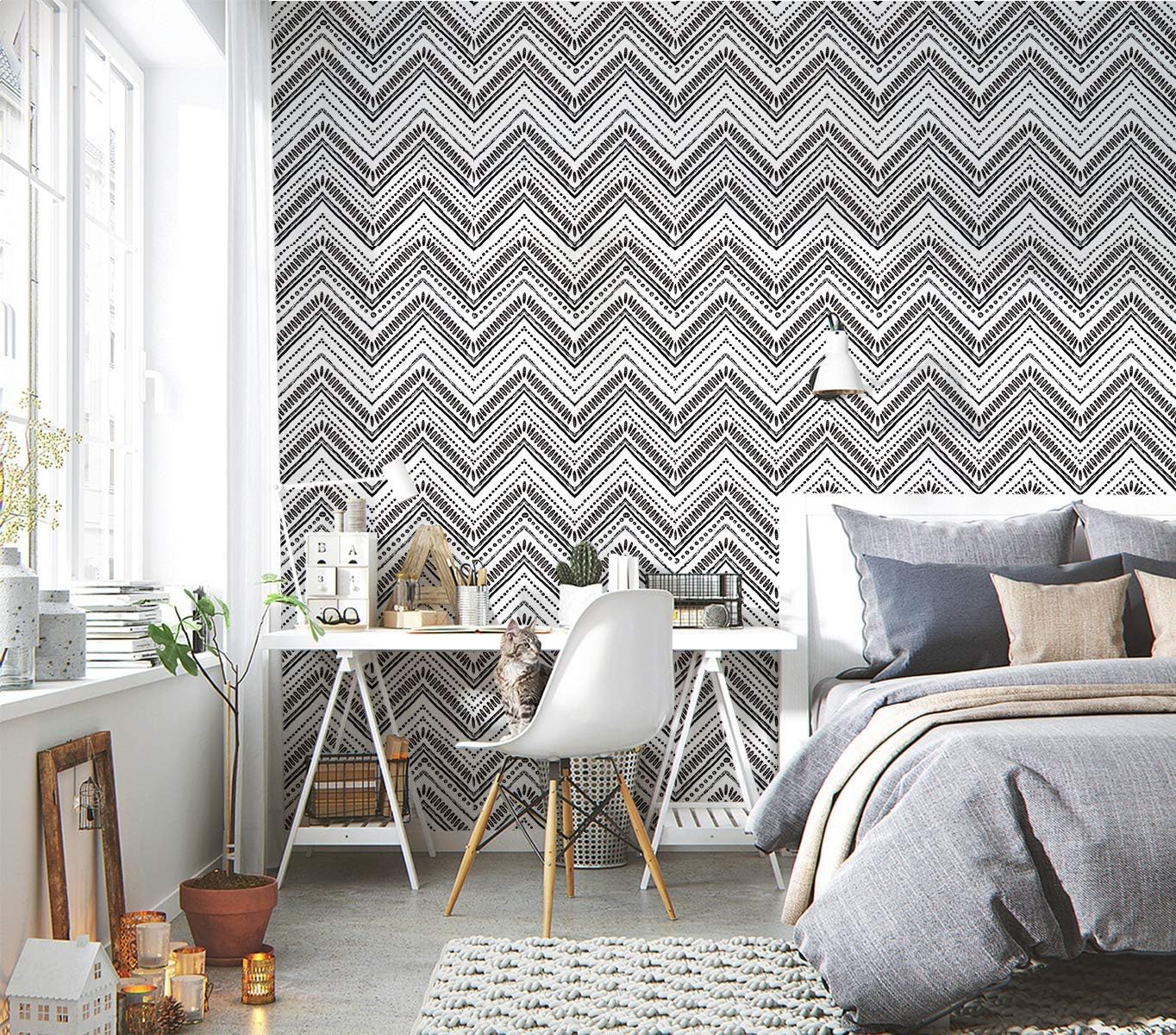 HAOKHOME Black and White Wallpaper Boho Geometric Self Adhesive Textured Wall Paper Modern for Bathroom Decor 17.7in x 32.8ft