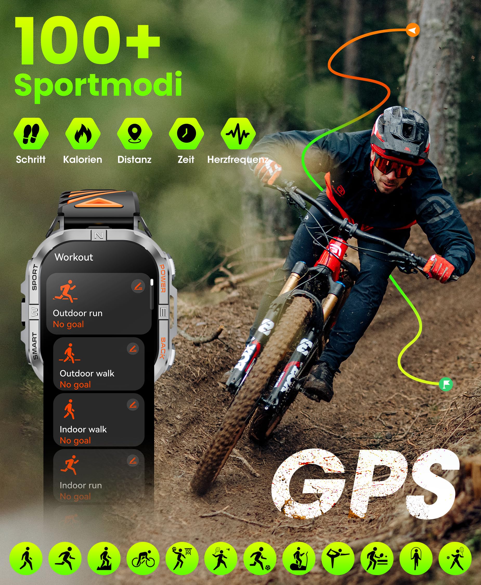 GPS Smartwatch Herren, 2,13" AMOLED Men's Military Smart Watch, LED Taschenlampe, Kompass, 100+ Sportmodi Fitnessuhr, 580mAh Batterie Sportuhr, Bluetooth Anrufen für iOS Android (Schwarz)