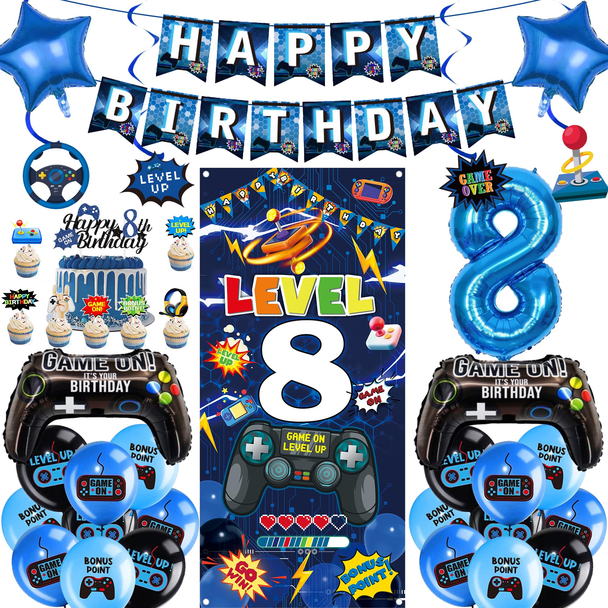 Gaming 8th Birthday Decorations Boys - 41 Pcs Blue Video Game Banners Gaming Controller Foil Balloons Cake Topper Swirl Hangings Backdrop for Kids Boys Girls Game Theme Party Decor Supplies