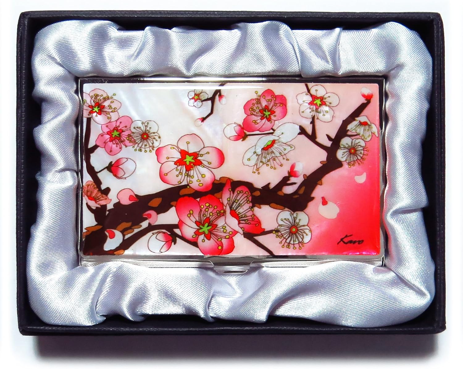 MADDesign Mother of Pearl Business Card Case Id Holder Metal Travel Wallet Apricot Tree Pink