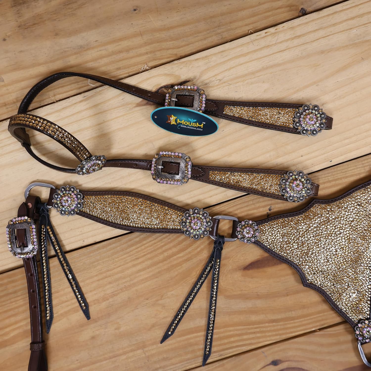Western Headstall & Breast Collar Tack Set – Gladiator Style with Clyster Stones & Leather Fringe | Genuine Argentine Cow Leather | Antique Nickel Hardware