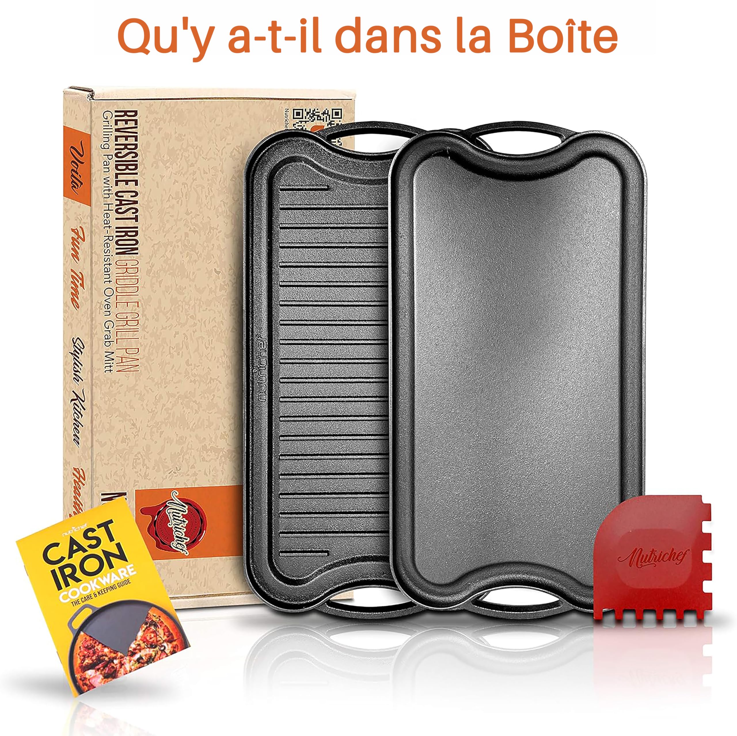 Nutrichef Plaque à Griller Réversible en Fonte-Plancha-Plancha pour Induction-Côtés Plat et Strié-Extra Large-Compatible Four -Sans PFOA et PFOS- Compatible avec Plusieurs Types de Plaques de Cuisson