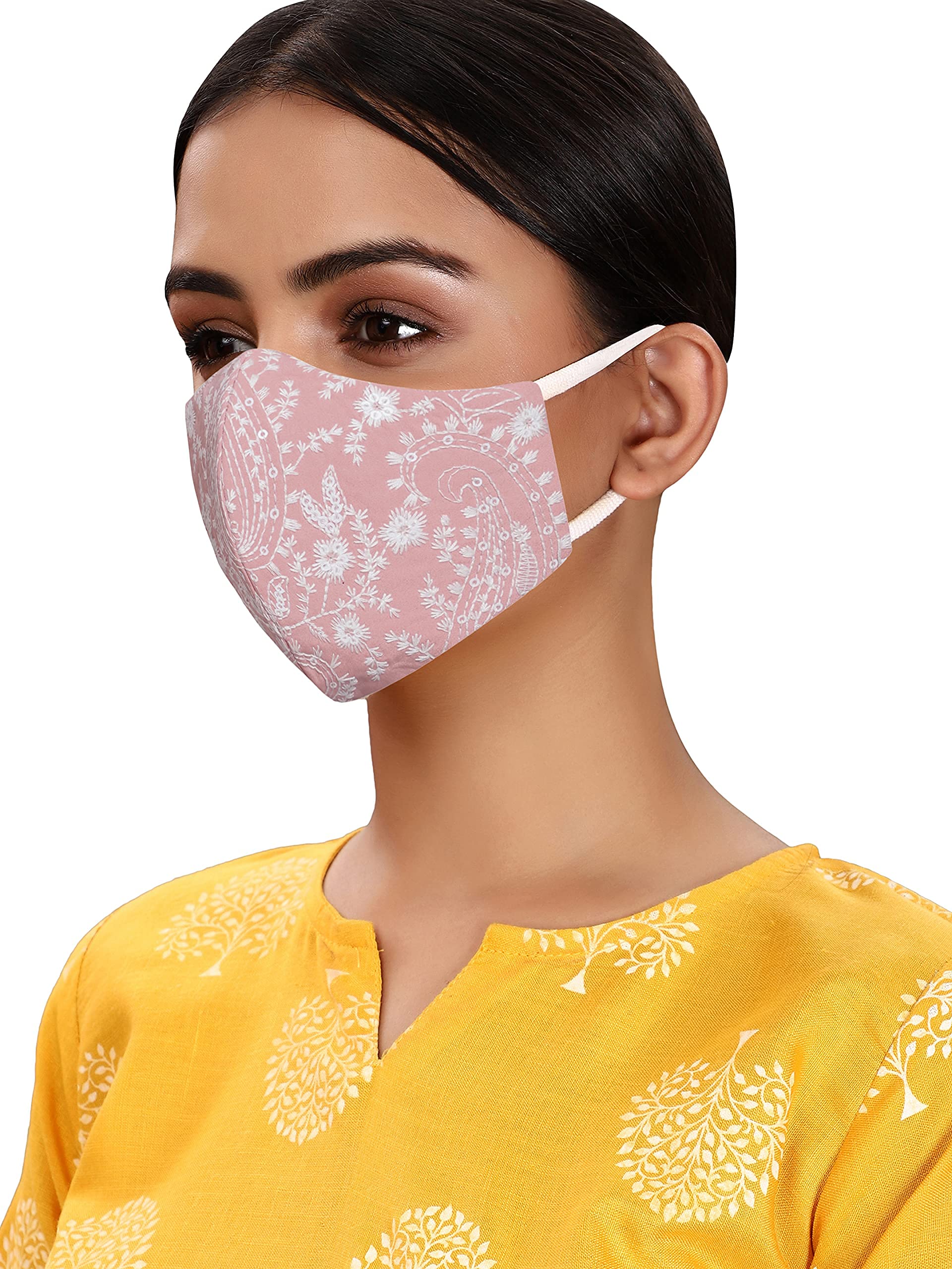 masq By Q-One 4 Layer Washable, Reusable, Size Adjustable, Anti-Bacterial (BFE>99%) Embroidered Cotton Cloth Face Mask Combo for Women, Girls with Detachable Chain & Mask Bag (Multicolor, Pack of 1)-picture-6