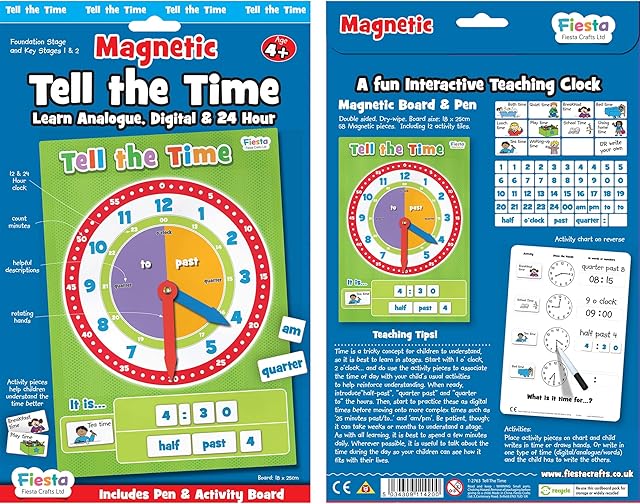 Fiesta Crafts Tell the Time Clock - Magnetic Kids Clock Set with 58 Magnets & Dry Wipe Marker - Teaching Clocks for Children & Educational Toys for 4+ Year Olds to Improve Early Time & Maths Skills