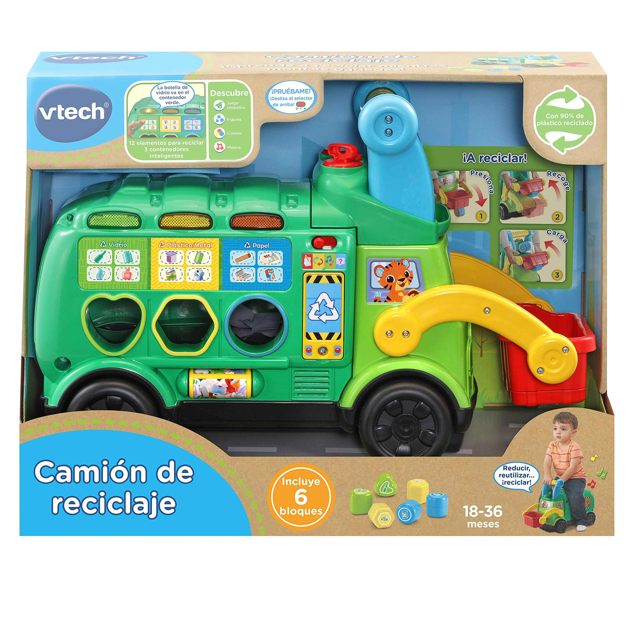 VTech - Camión de Reciclaje, Juguetes ecológicos para niños +18 Meses, Aprende a Reciclar, correpasillos montador Fabricado en plástico reutilizado - Versión ESP (3480-541822)