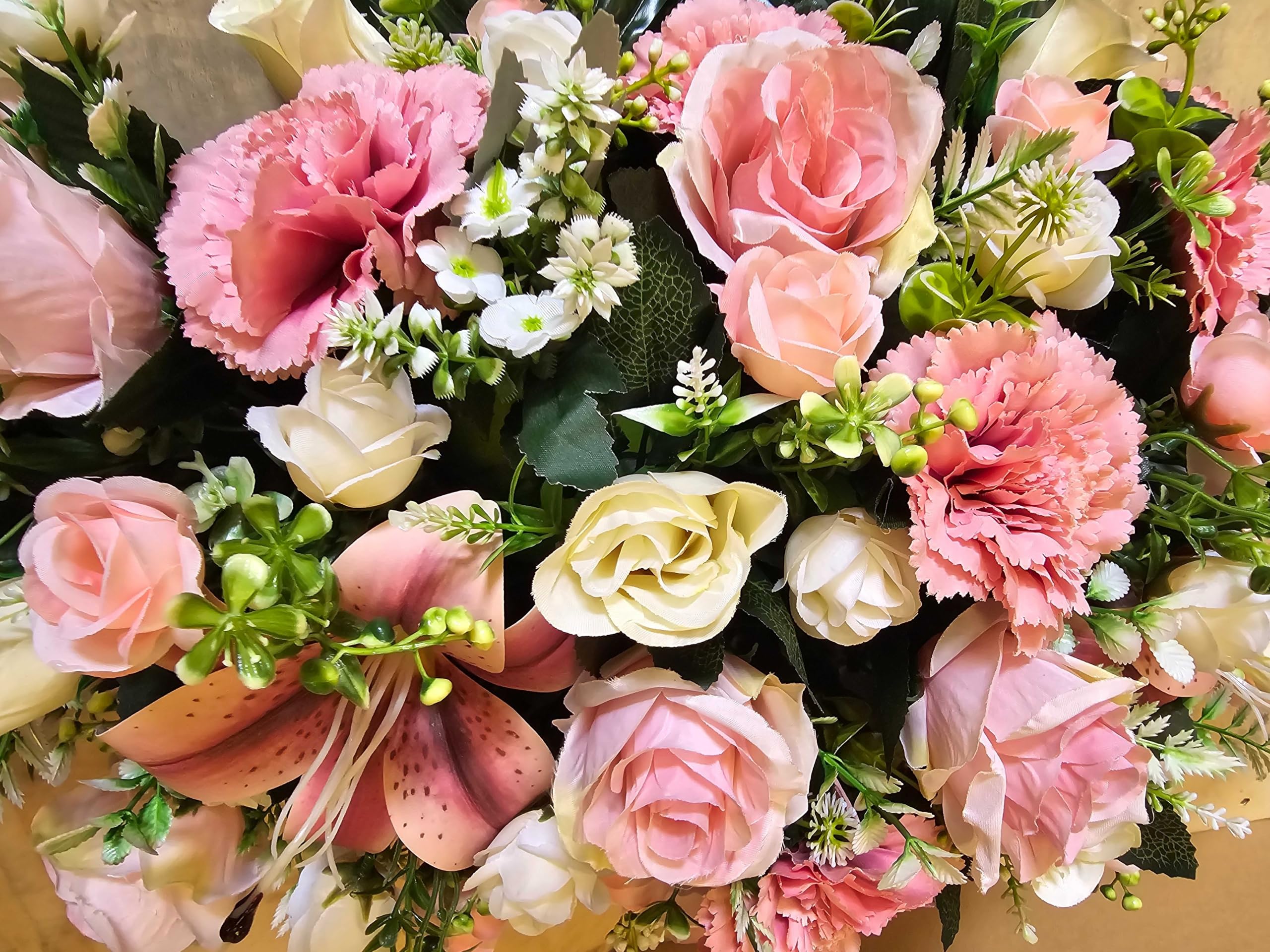 DRW Centro de Flores Artificiales cojin Cementerio procesiones, Iglesias Bodas o sepulturas Tonos Rosas Estilo Barco con liliums 115x43x27