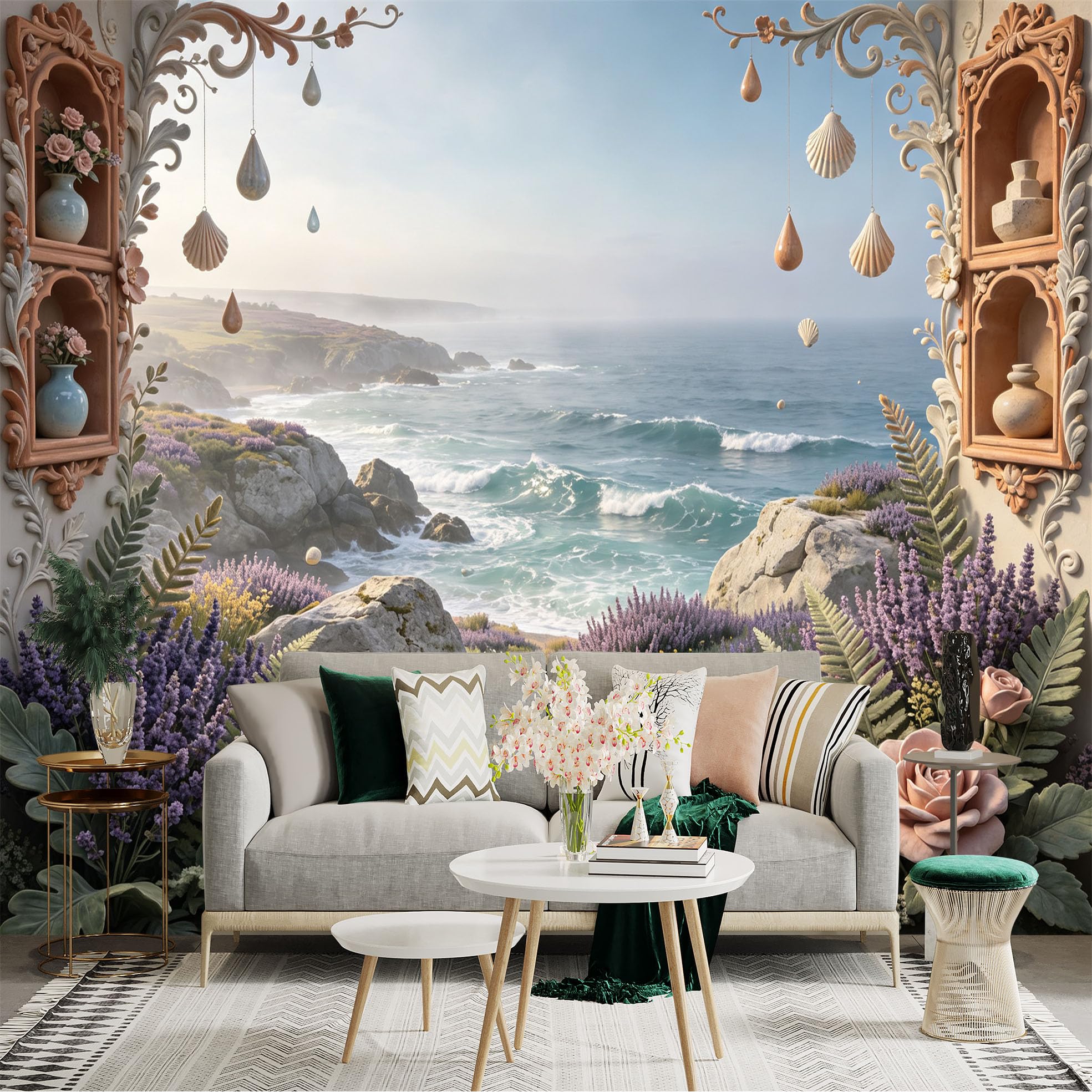 Lnzczhyre Bh260719677 Custom Size Wall Sticker Mural， Coastal Ocean View With Lavender Fields， Floral Archway Decor， Sea Shell Ornaments， For Wall Decoration， Peelandstick Wall Decals.