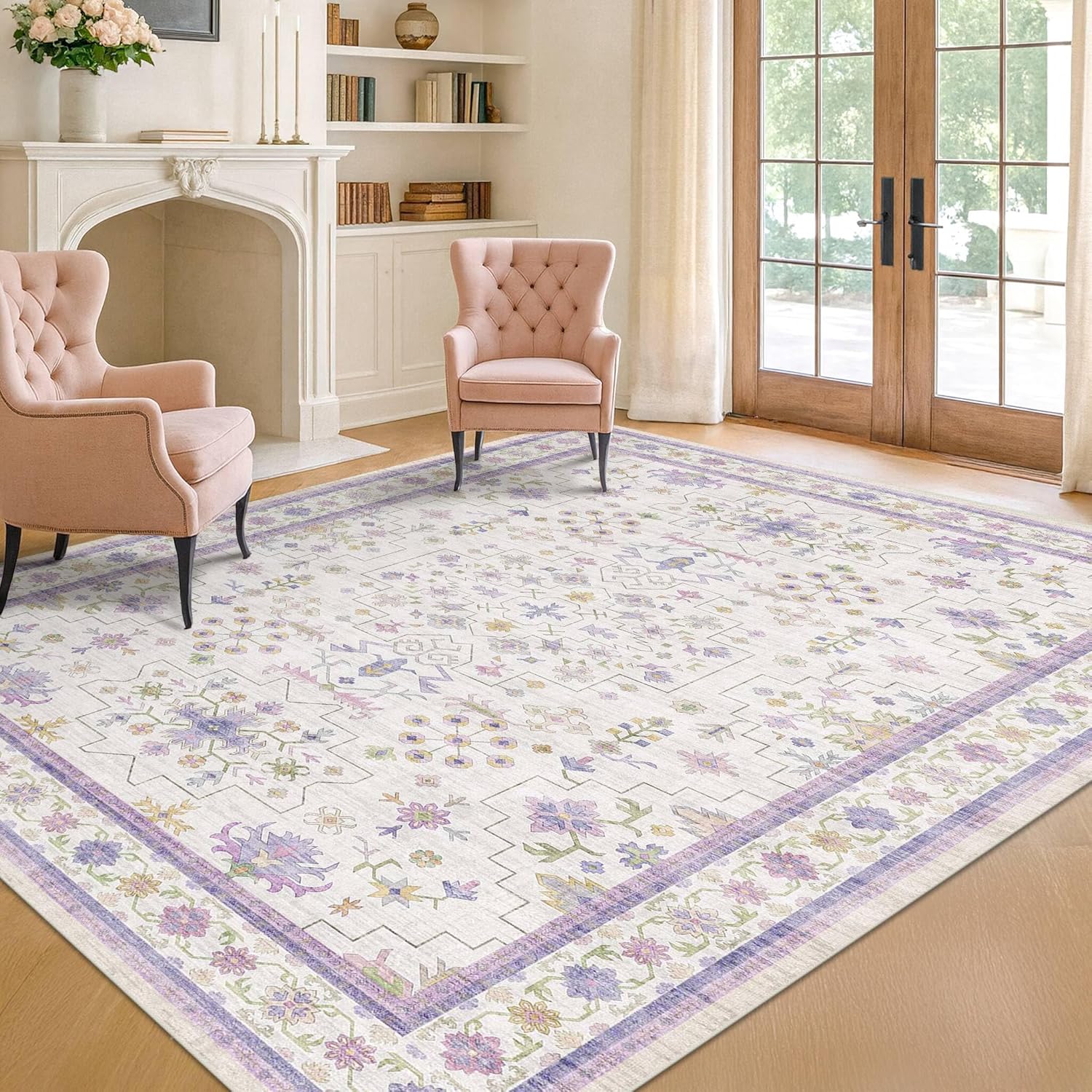 Purple Rugs for Girls Bedroom, Non Slip Machine Washable 4x6 Floral Area Rug for Nursery Kids Room, Living Room, Low Pile Lavender Girly Dorm Pastel Décor 4' x 6' (Rectangular) Lavender