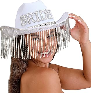 Ginger Ray- Cowboy Sombrero de vaquero blanco adornado con perlas de imitación con borde de borlas, para despedida de soltera, Color (HEN-124)