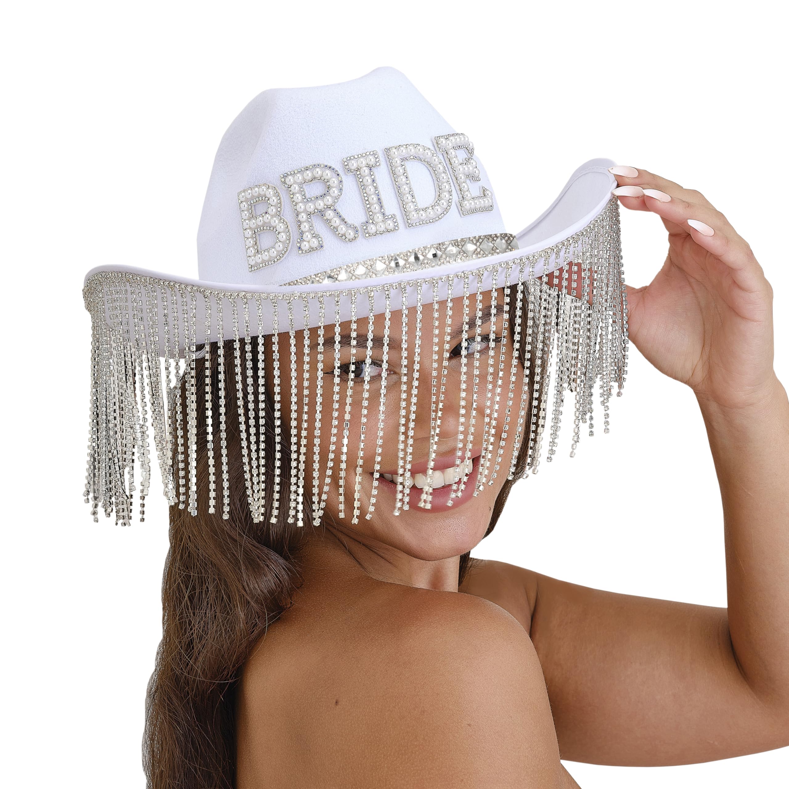 Ginger Ray Sombrero de Vaquero Blanco Adornado con Perlas de imitación con Borde de Borla para Despedida de Soltera