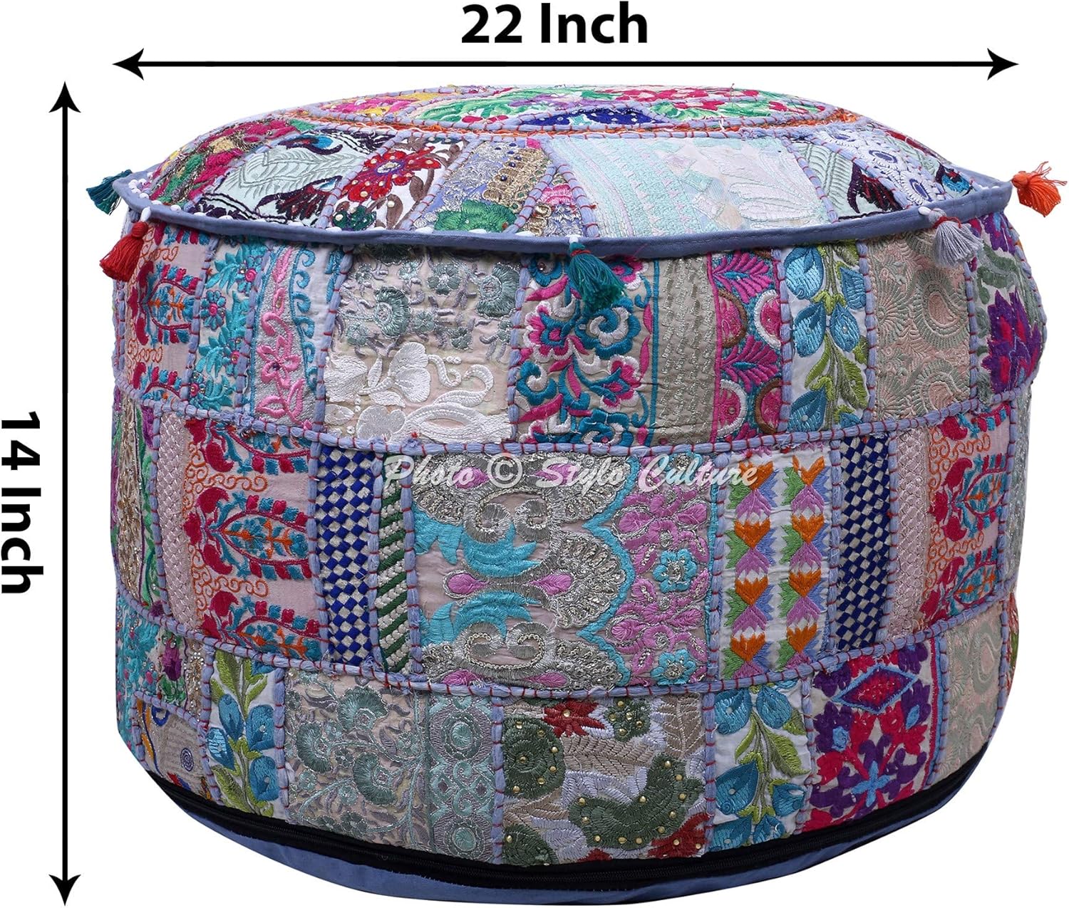 Cotton Grey Footstool Ottoman Pouf Cover for Living Room 22" Embroidered Patchwork Tuffet Hassock Stool Pouffe Case Floral Cushion Ethnic Decor Furniture (Cover ONLY)