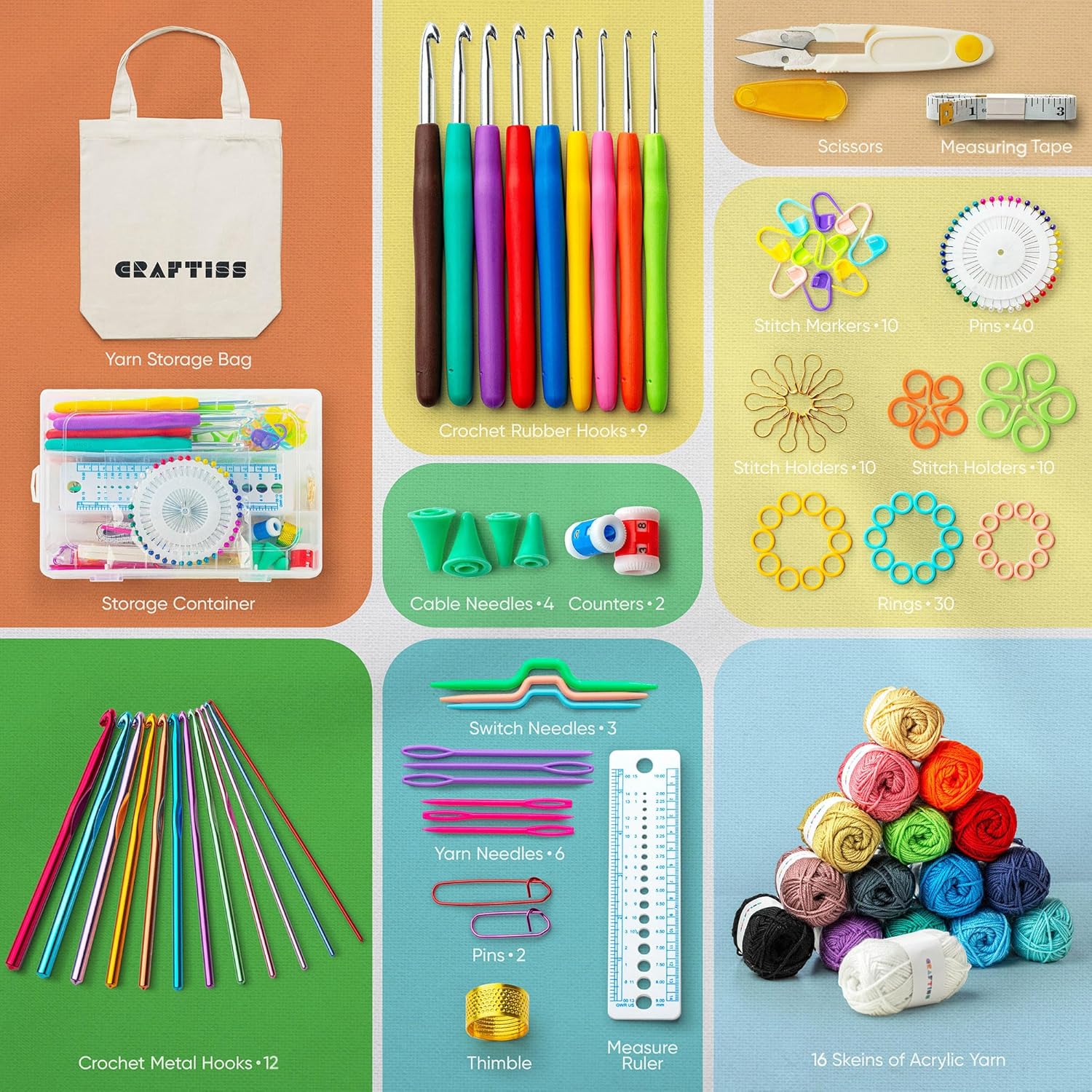 Crochet Kit for Beginners Adults and Kids - Beginner Crochet Kit for Adults with 40 Step-by-Step Video Tutorials, Amigurumi and Crocheting Kit, Starter Set 16 Yarn Colors and Crochet Bag (Kit 158 pcs)