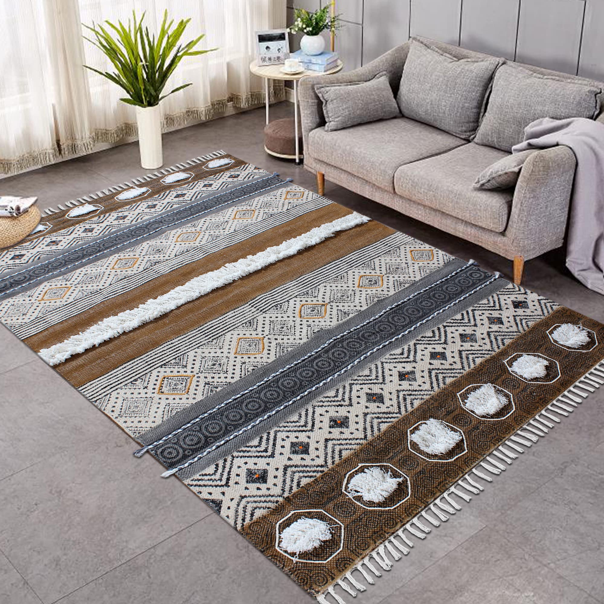 Kelim-Teppich, 10 x 20 cm, braun und schwarz gestreift, dick, 0,48 cm, waschbarer Baumwollteppich, flach gewebt, für den Innen- und Außenbereich, für Küche und Eingangsbereich