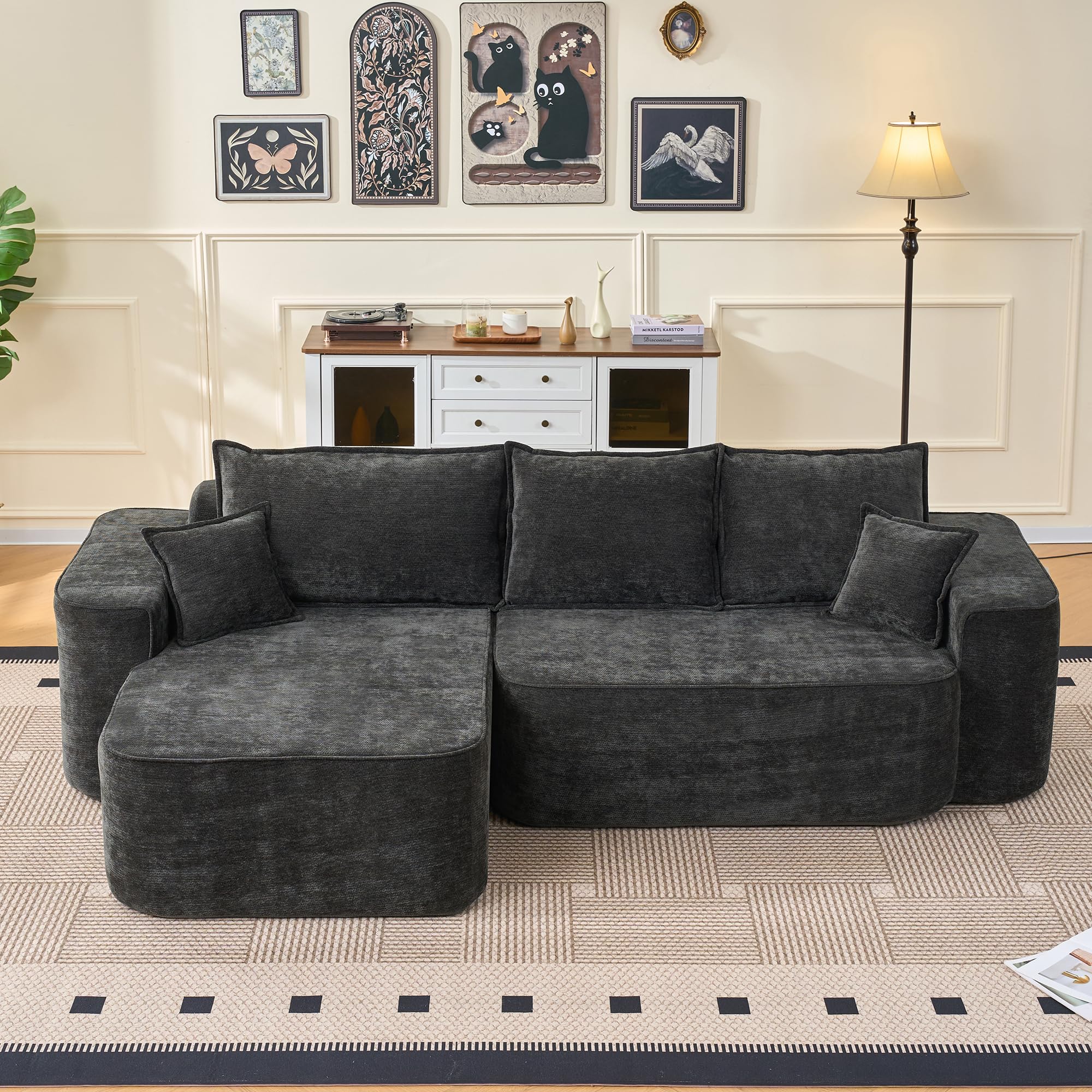 Bladez Canapé d'angle en forme de L avec méridienne, 262 cm, siège bas, XXL, modulable, sans montage, chenille noire, prêt à l'emploi (noir + 3 sièges, 262 x 144 x 65 cm)
