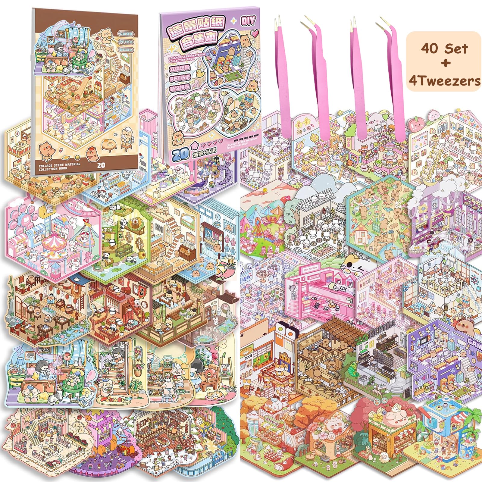40 Sets DIY 3D House Stickers Kit with 4 Tweezers Non-Toxic & Safe 3D Miniature Scene Therapy for Kids and Adults Stress Relief Sticker Scenes Creative & Reusable DIY Sticker Therapy Kit for Age 3+