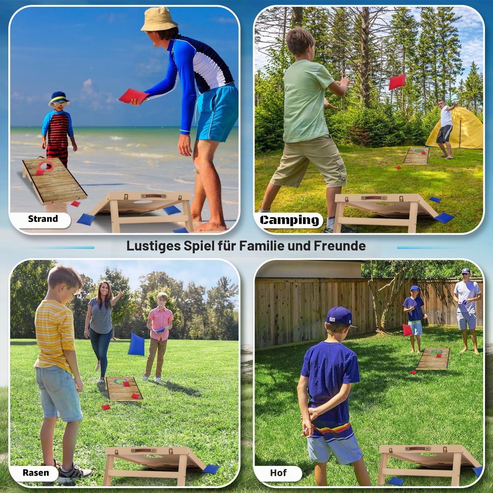 NZQXJXZ Cornhole Spiel Outdoor, 60 x 30 cm Massivholz Premium Corn Hole Boards mit 6 Cornhole Säckchen und Einer Tragetasche, Tragbar Cornhole Toss Set für Familie und Erwachsene
