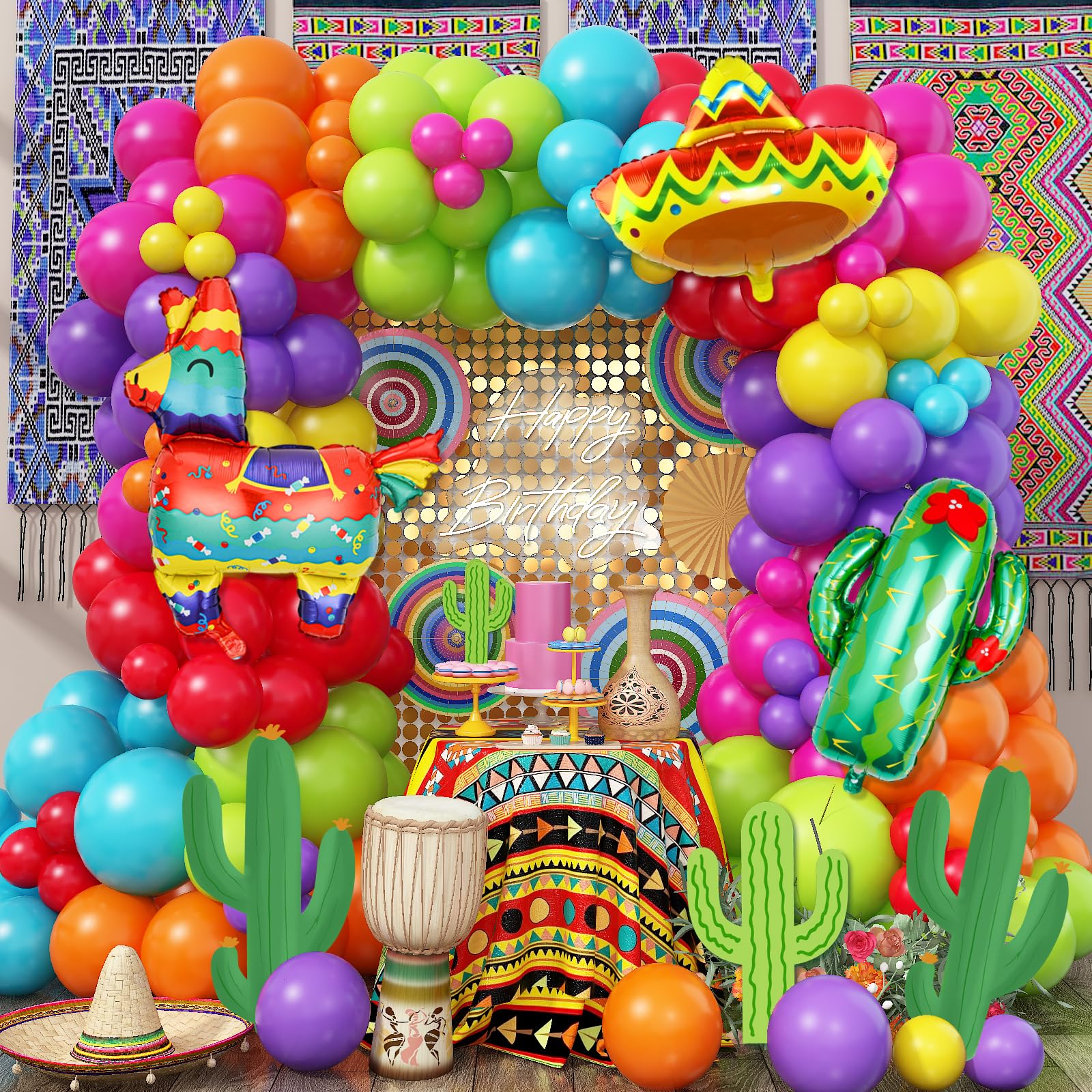 Mexican Fiesta Party Decorations Fiesta Balloon Arch Multicoloured Rainbow Balloons Garland Kit Mexican Themed Party Balloons with Cactus Llama Foil Balloons for Cinco De Mayo Carnival Birthday Party