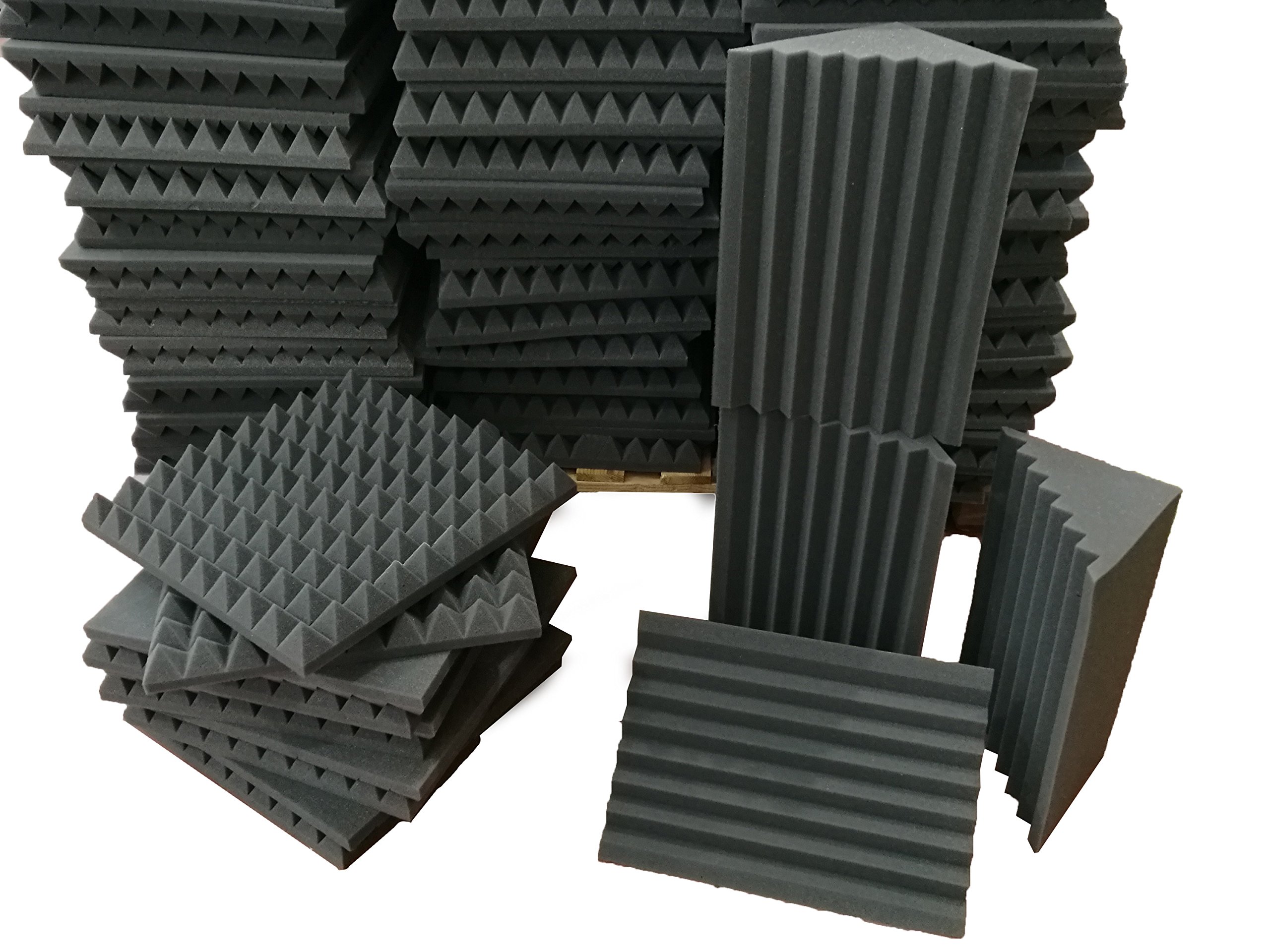 Keyhelm | Pannelli Fonoassorbenti (Pacco 10 Piramidali 50x50x6 D25) + 4 Basstrap Scanalato H50 D25 (2,5 mq + 4angoli) | Kit Correzione Acustica | Medio-alte Frequenze + Bassi | Studi di registrazione