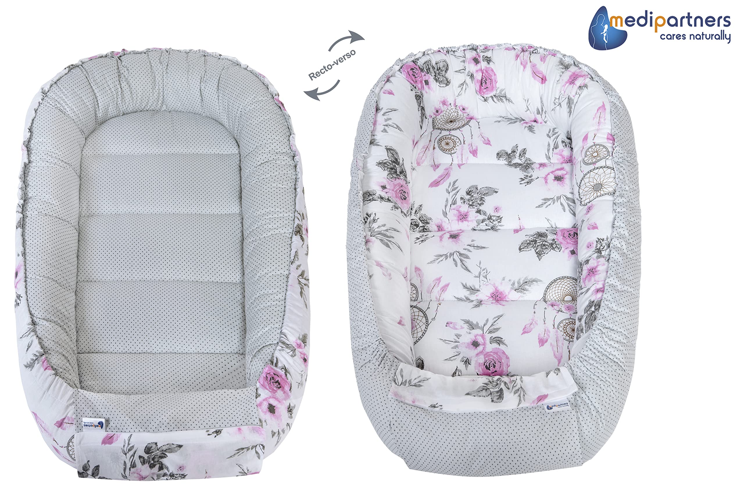 Medi Partners Reducteur de lit Bébé Cocon 100x60x15cm 100% Coton Baby Nest Nouveau-né Nid de Bébés Oreiller Couverture Insert Amovible (Catchers et Fleurs Gris Minky)