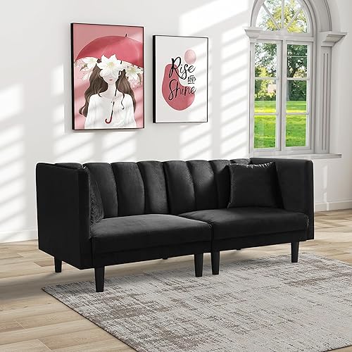 Cutimrke Sofá biplaza tapizado de terciopelo, respaldo ajustable, 2 almohadas, patas de metal, sofá cama futón, moderno sofá reclinable de 2 plazas