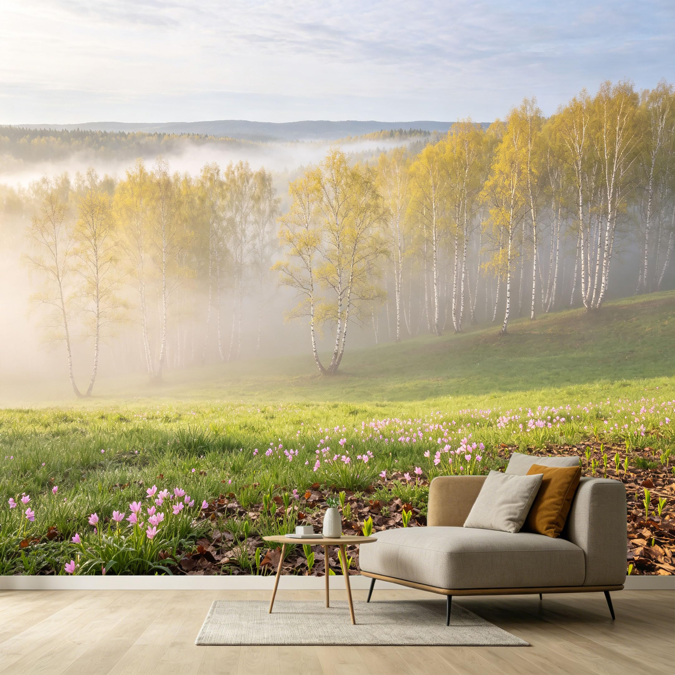 Custom Size Wall Murals Forest Landscape Misty Birch Trees Meadow Wildflowers Self-Adhesive Wall Fabric Removable Wallpaper Wall for Living Room Bedroom Office Decor