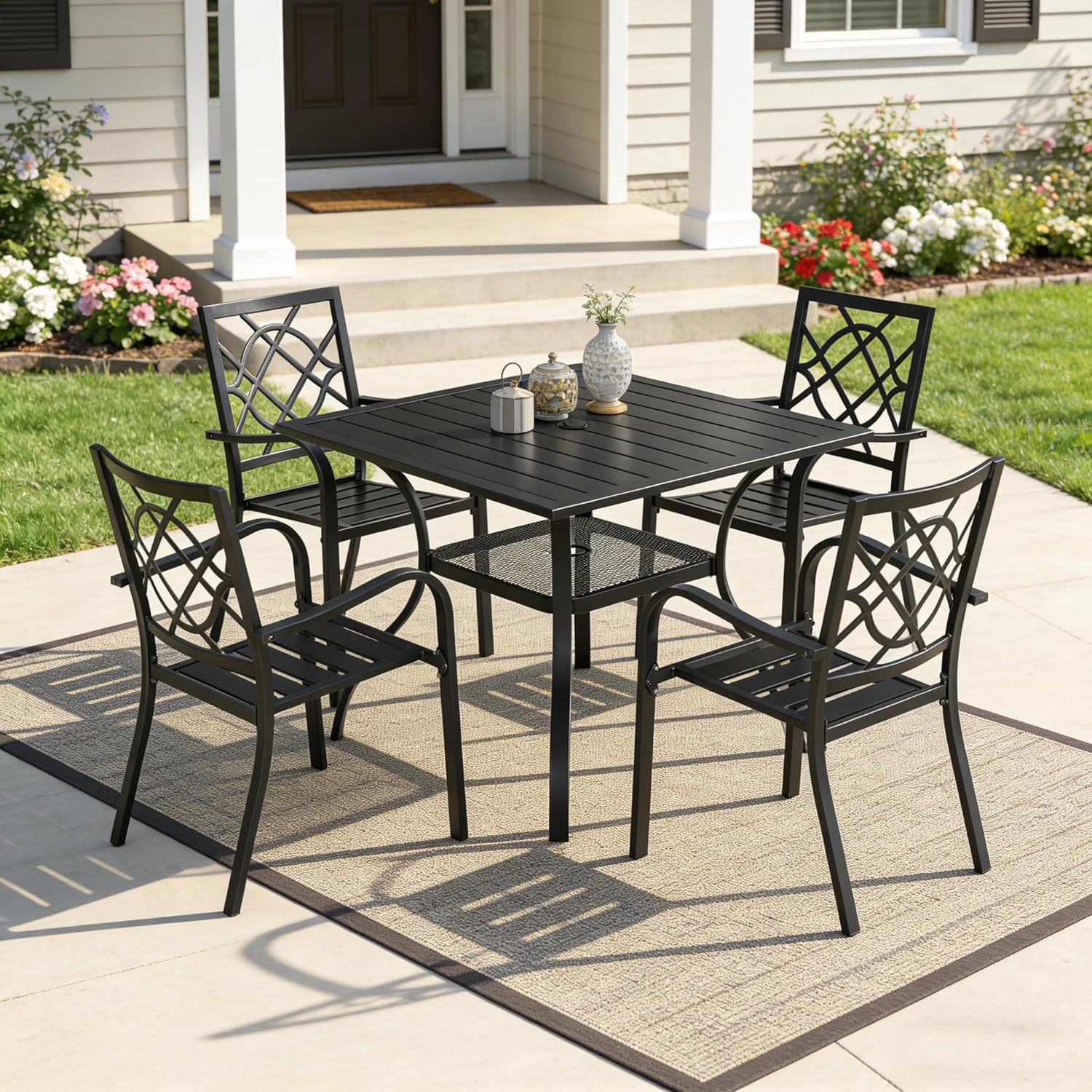 SUNCROWN 5-Piece Outdoor Wrought Iron Chairs and Table Patio Dining Furniture Set - 4 Stackable Metal Chairs, 1 Steel Slat Bistro Table for Garden Backyard Deck