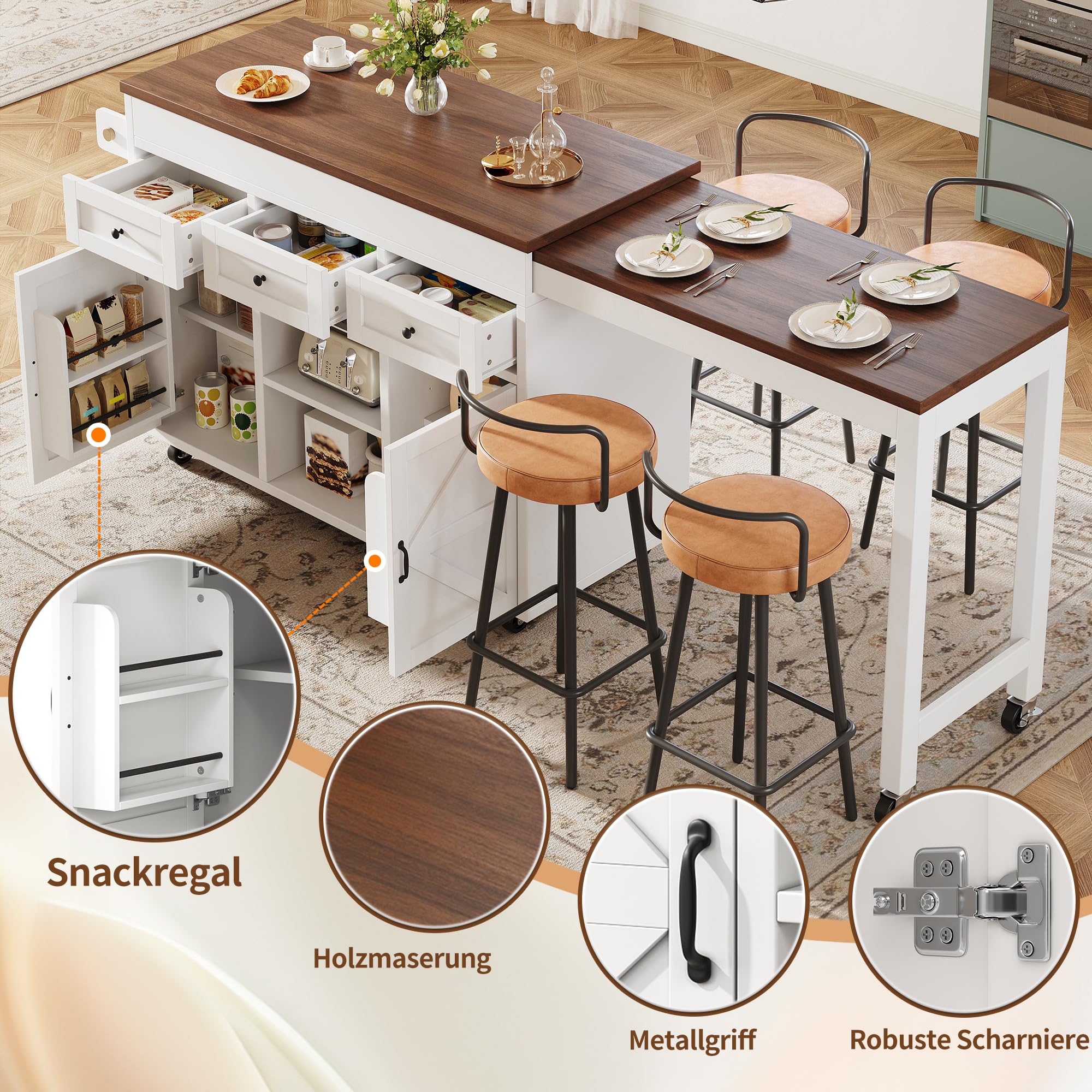 Tavolo da Pranzo/Bar allungabile (131,5-210 cm) con cassetti e Ante, Isola Cucina con Contenitore, Girevole a 360°, Piano di Lavoro Versatile per Cucina(Bianco)