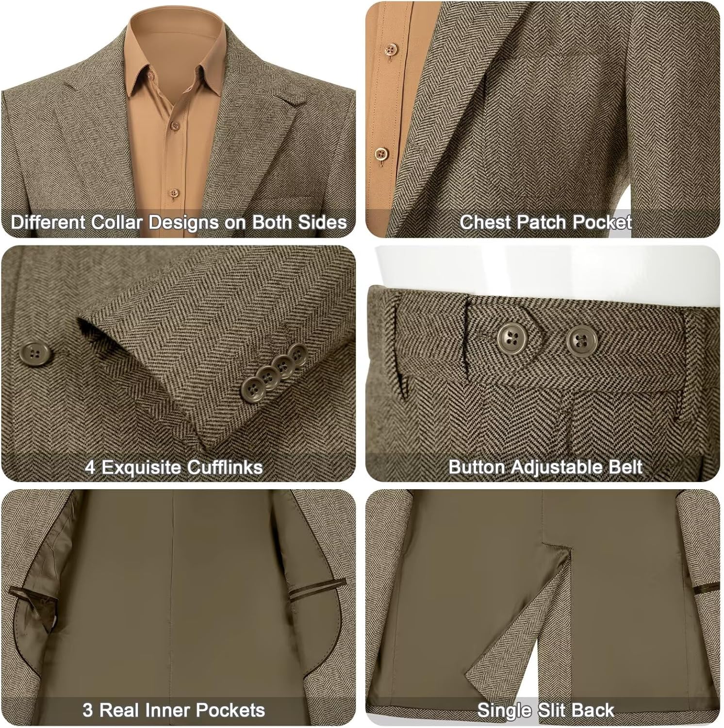 Retro Mens 2 Pieces Suit Tweed Herringbone Suit Men Slim Fit Wool Jacket Pants Set Wedding Groom Prom Tuxedo for Men - Image 3